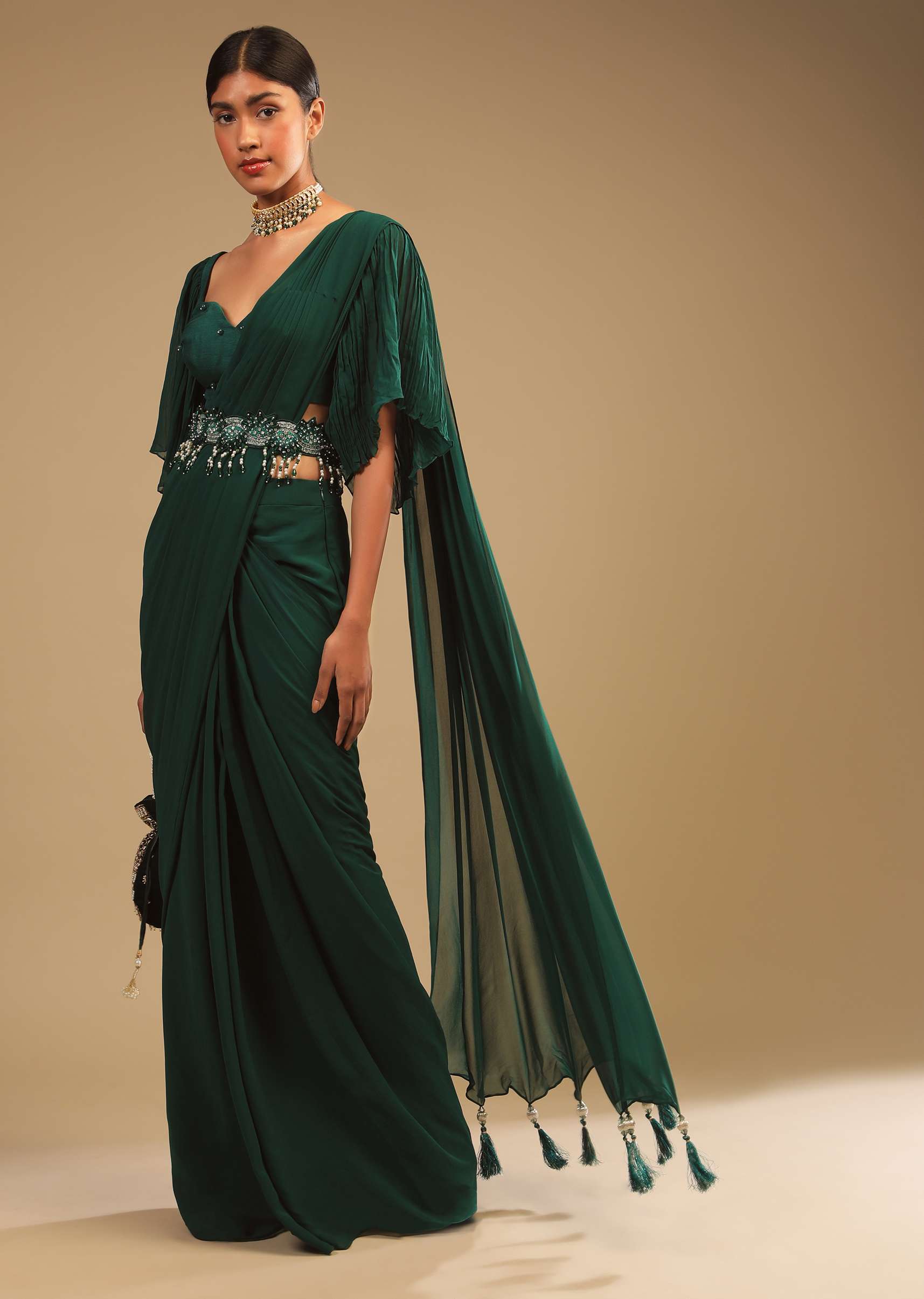 Emerald Green Ready Pleated Saree In Georgette With Bell Sleeves Crop Top And Chunky Embroidered Belt - Image 3