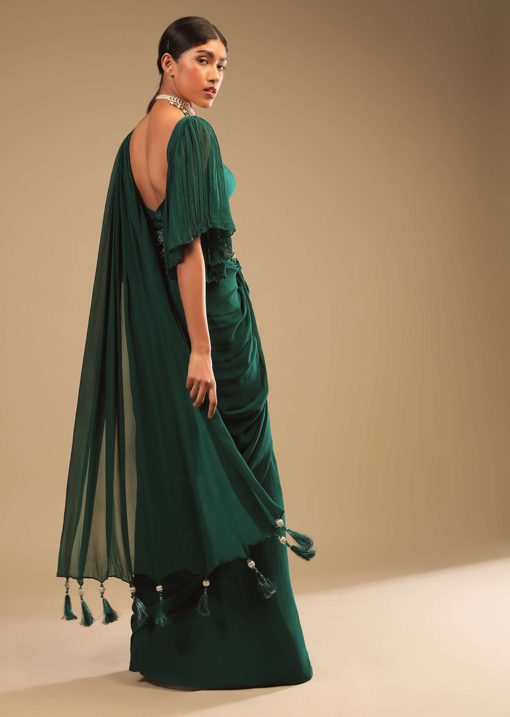 Emerald Green Ready Pleated Saree In Georgette With Bell Sleeves Crop Top And Chunky Embroidered Belt - Image 4