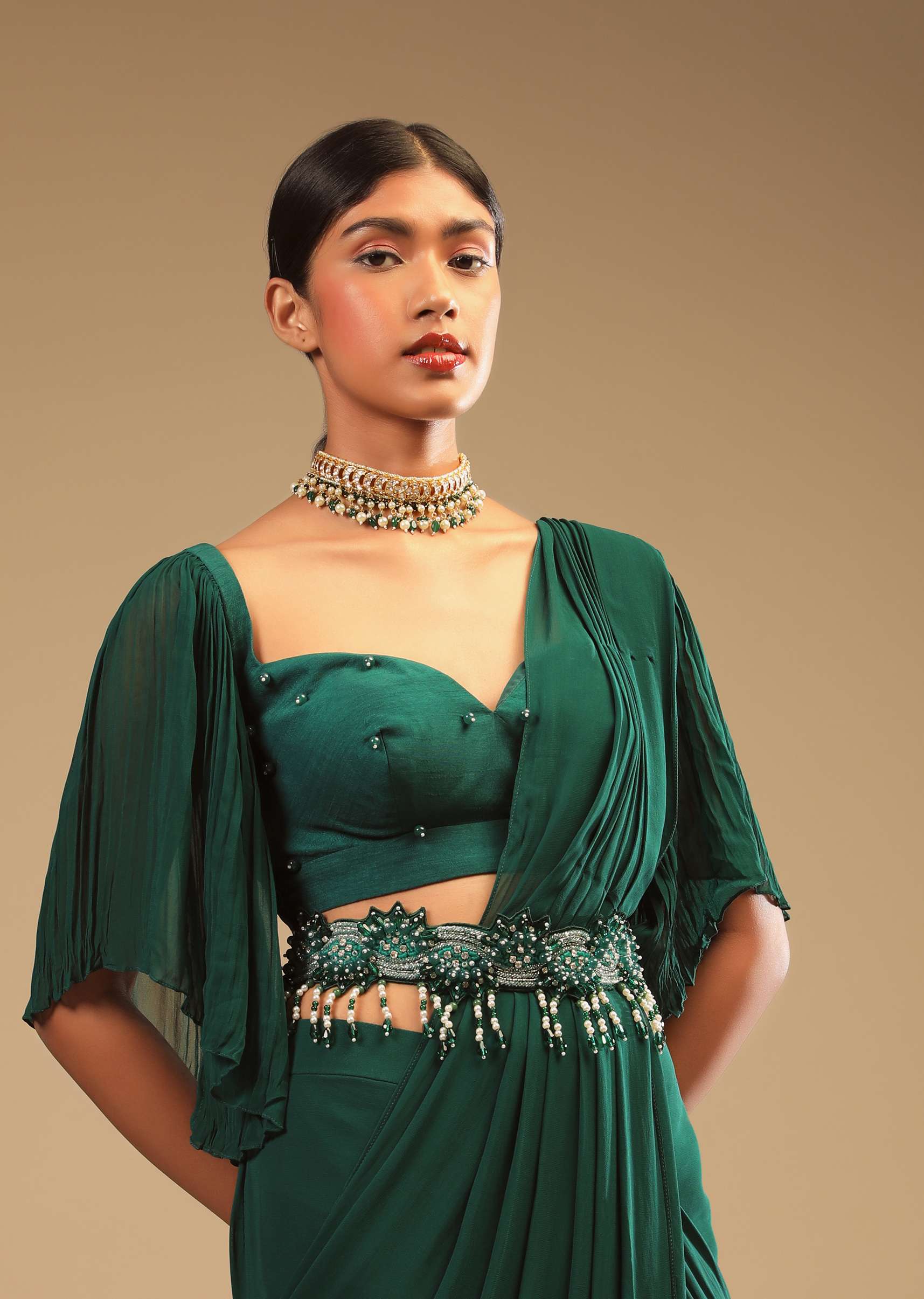 Emerald Green Ready Pleated Saree In Georgette With Bell Sleeves Crop Top And Chunky Embroidered Belt - Image 5
