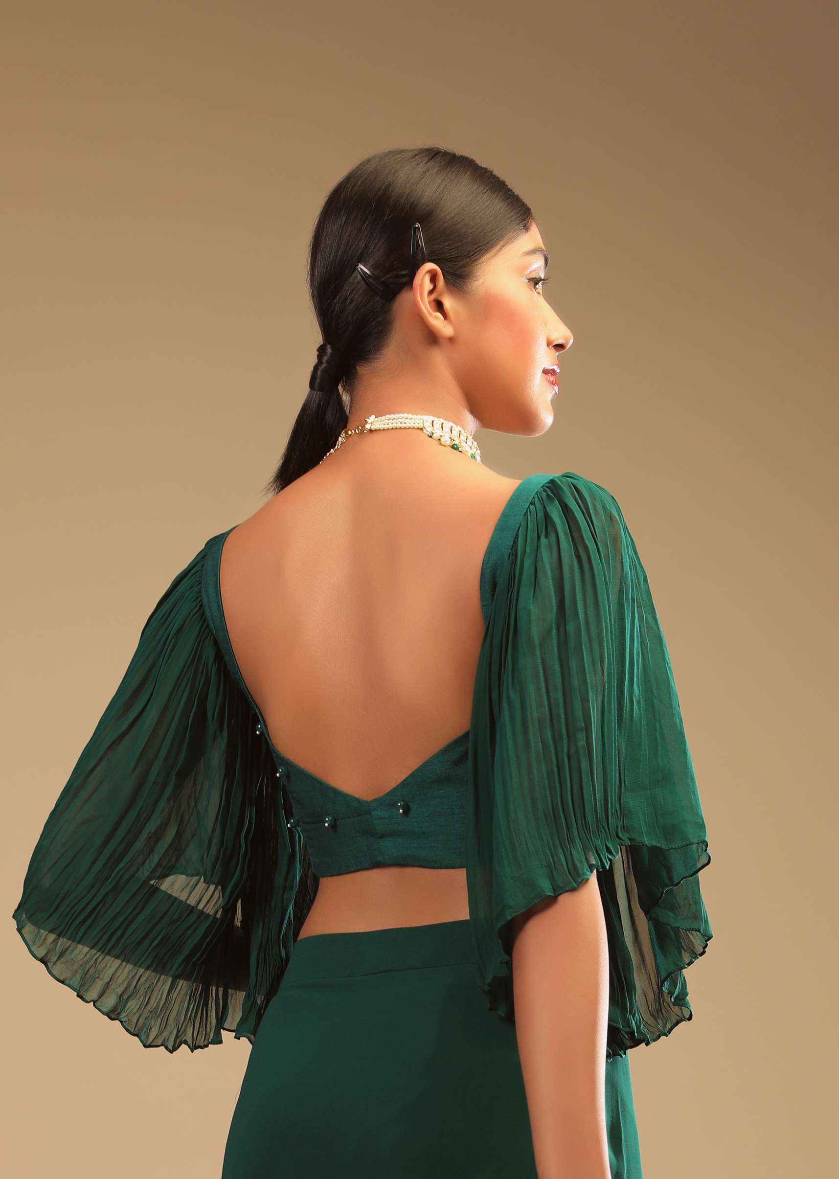 Emerald Green Ready Pleated Saree In Georgette With Bell Sleeves Crop Top And Chunky Embroidered Belt - Image 6