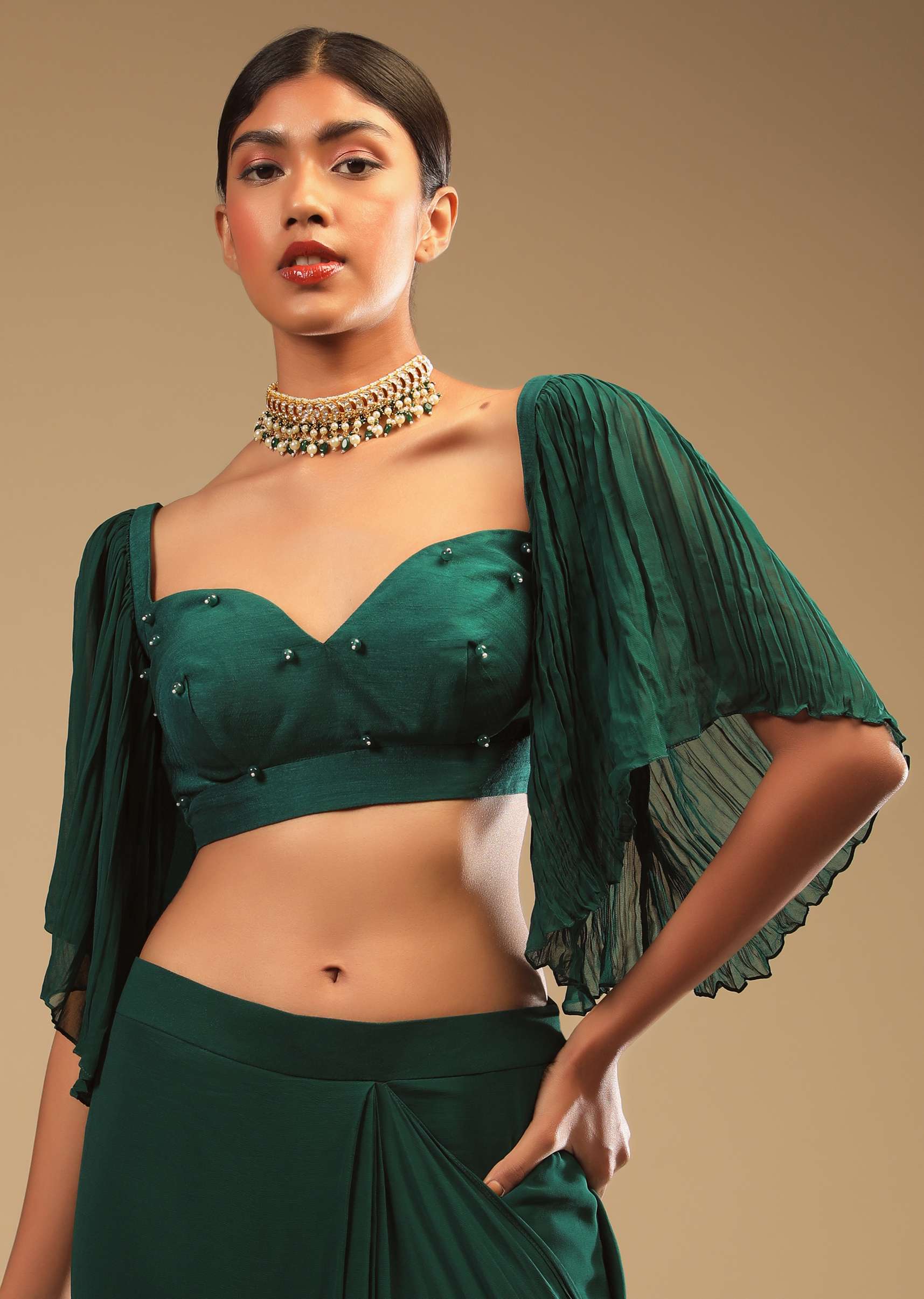 Emerald Green Ready Pleated Saree In Georgette With Bell Sleeves Crop Top And Chunky Embroidered Belt - Image 7