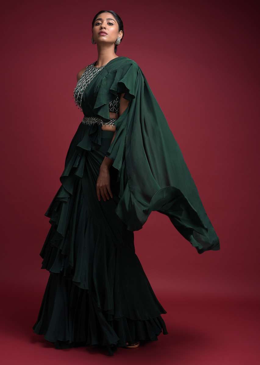 Emerald Green Saree In Crepe With Ruffled Pallu And Layered Ruffles On The Pleats - Image 2