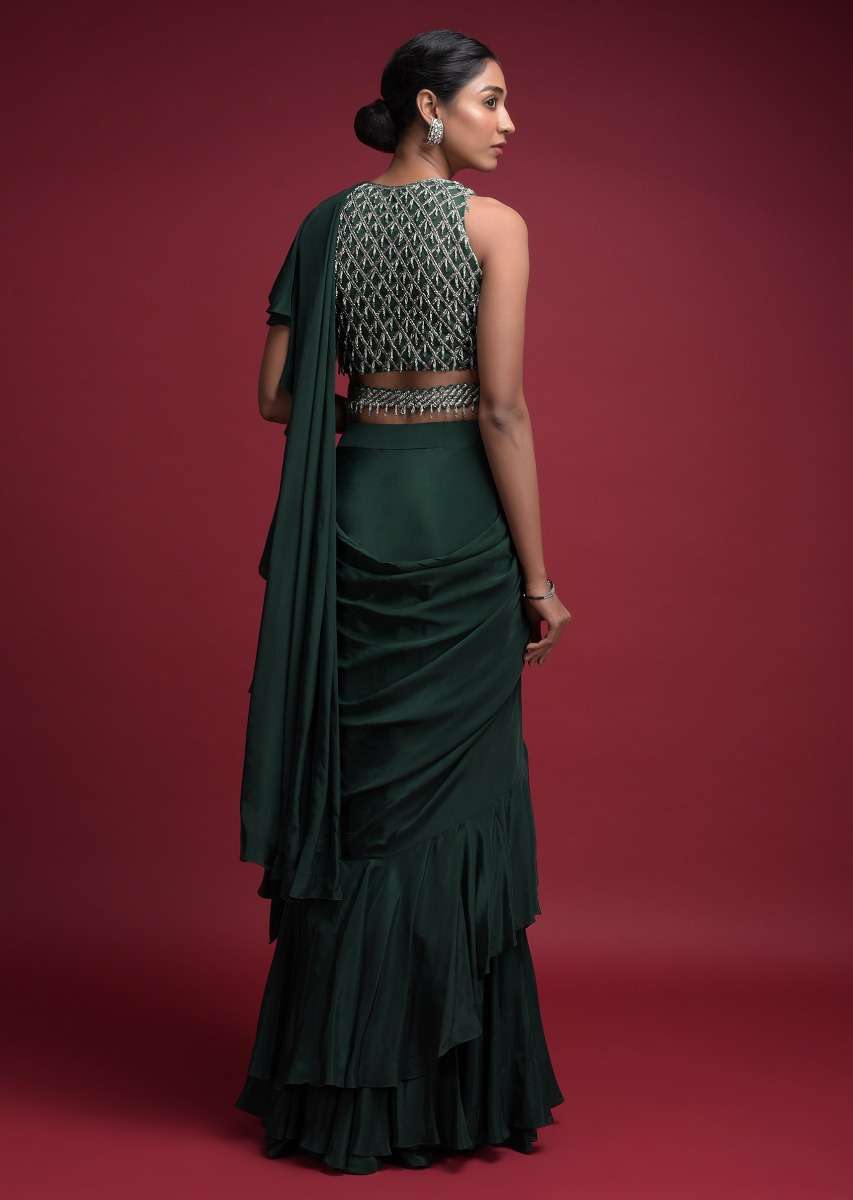 Emerald Green Saree In Crepe With Ruffled Pallu And Layered Ruffles On The Pleats - Image 6