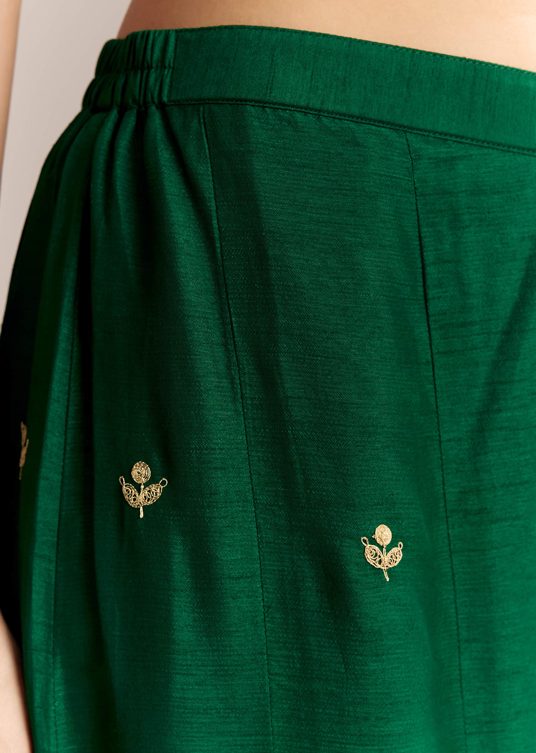 Emerald Green Silk Crop Top And Palazzo Set With Zari Work - Image 6