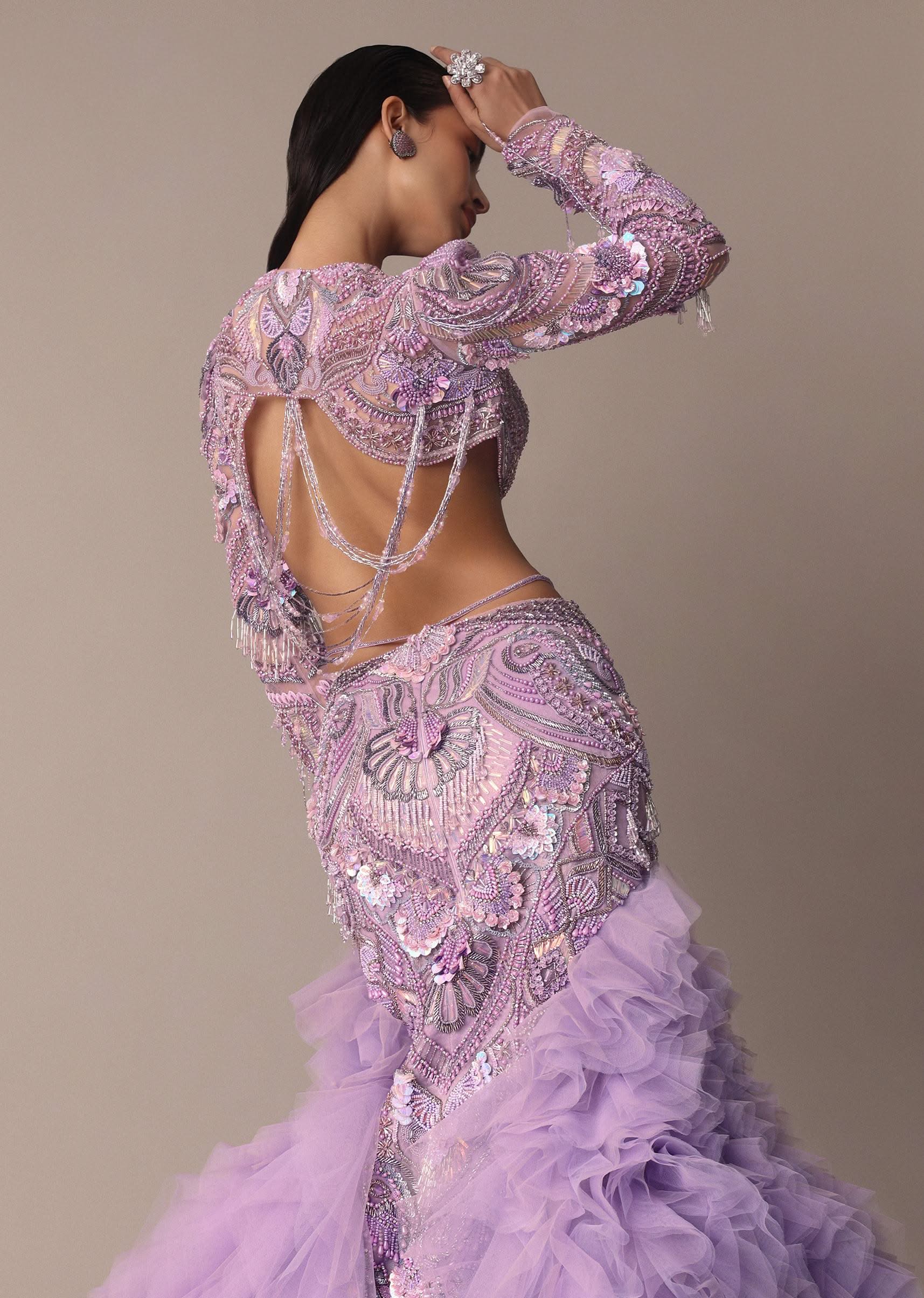Lavender 3D Ruffle Fish Cut Skirt And Crystal Blouse Set - Image 2