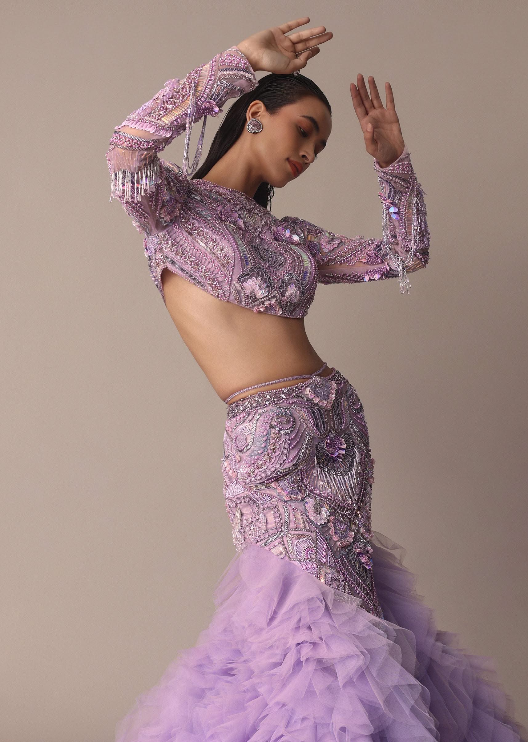 Lavender 3D Ruffle Fish Cut Skirt And Crystal Blouse Set - Image 6