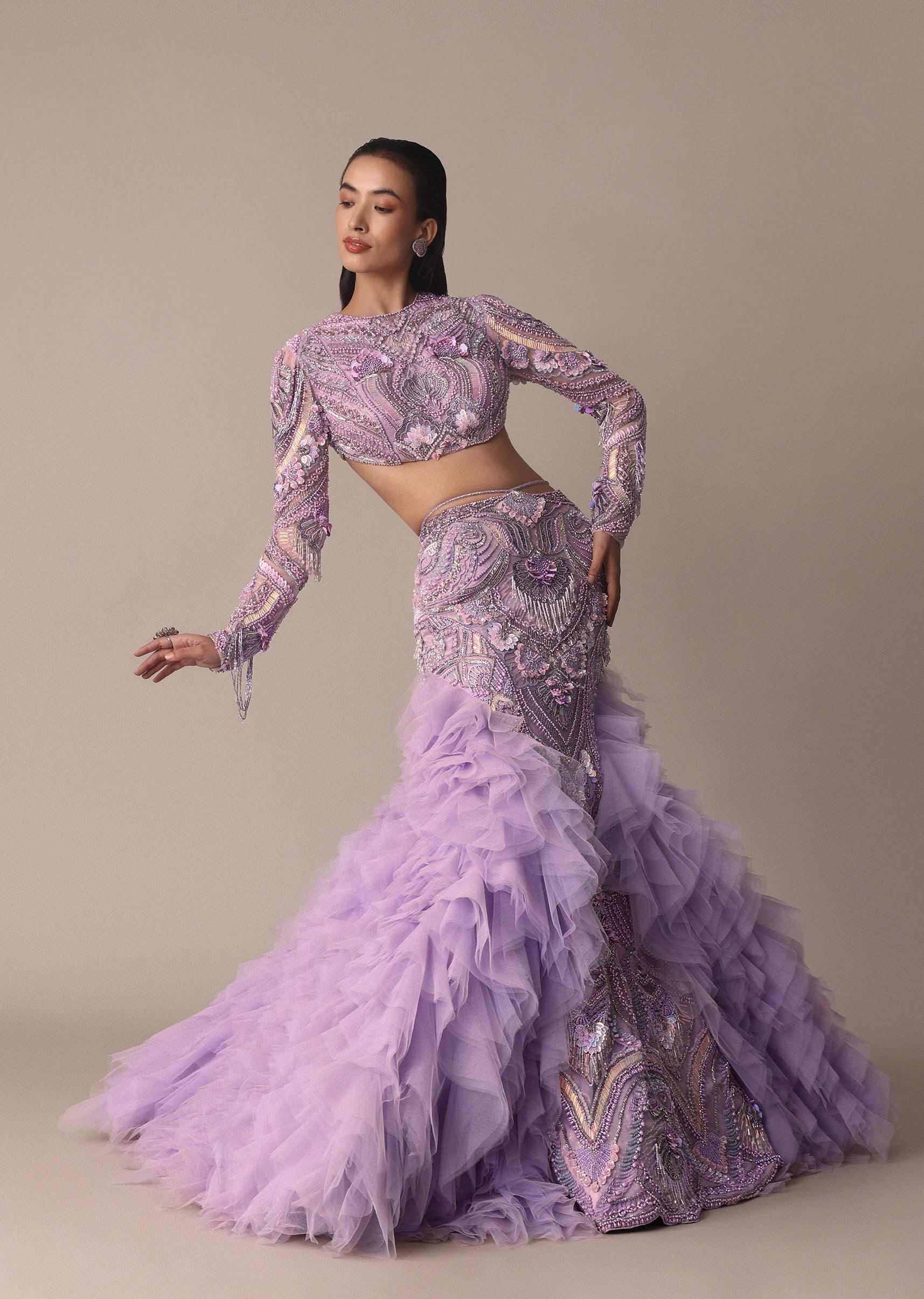 Lavender 3D Ruffle Fish Cut Skirt And Crystal Blouse Set - Image 7