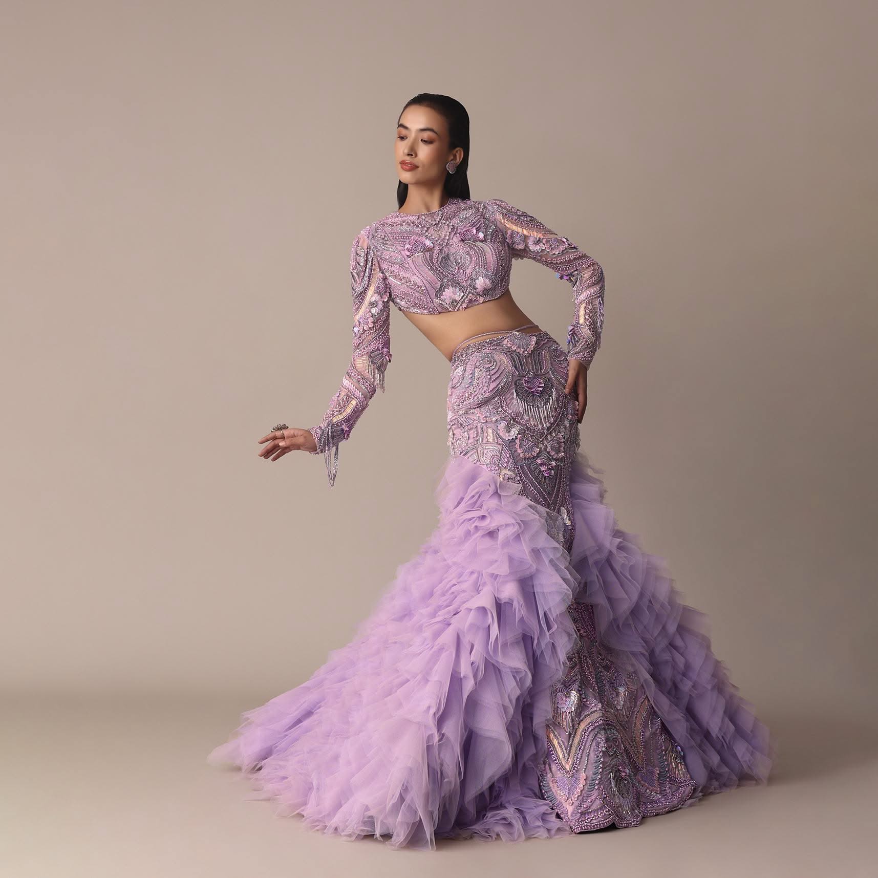 Lavender 3D Ruffle Fish Cut Skirt And Crystal Blouse Set - Image 8