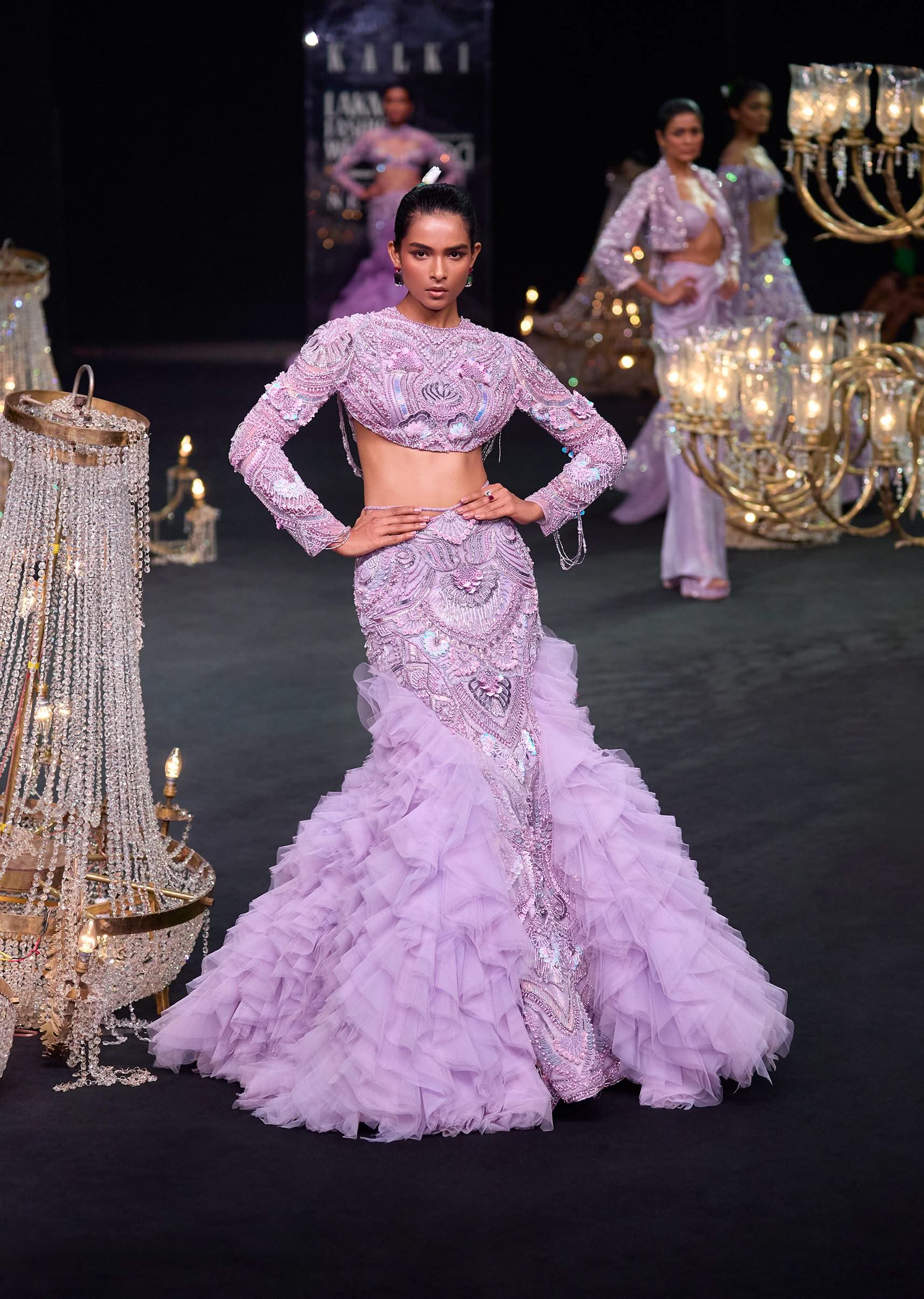 Lavender 3D Ruffle Fish Cut Skirt And Crystal Blouse Set - Image 9