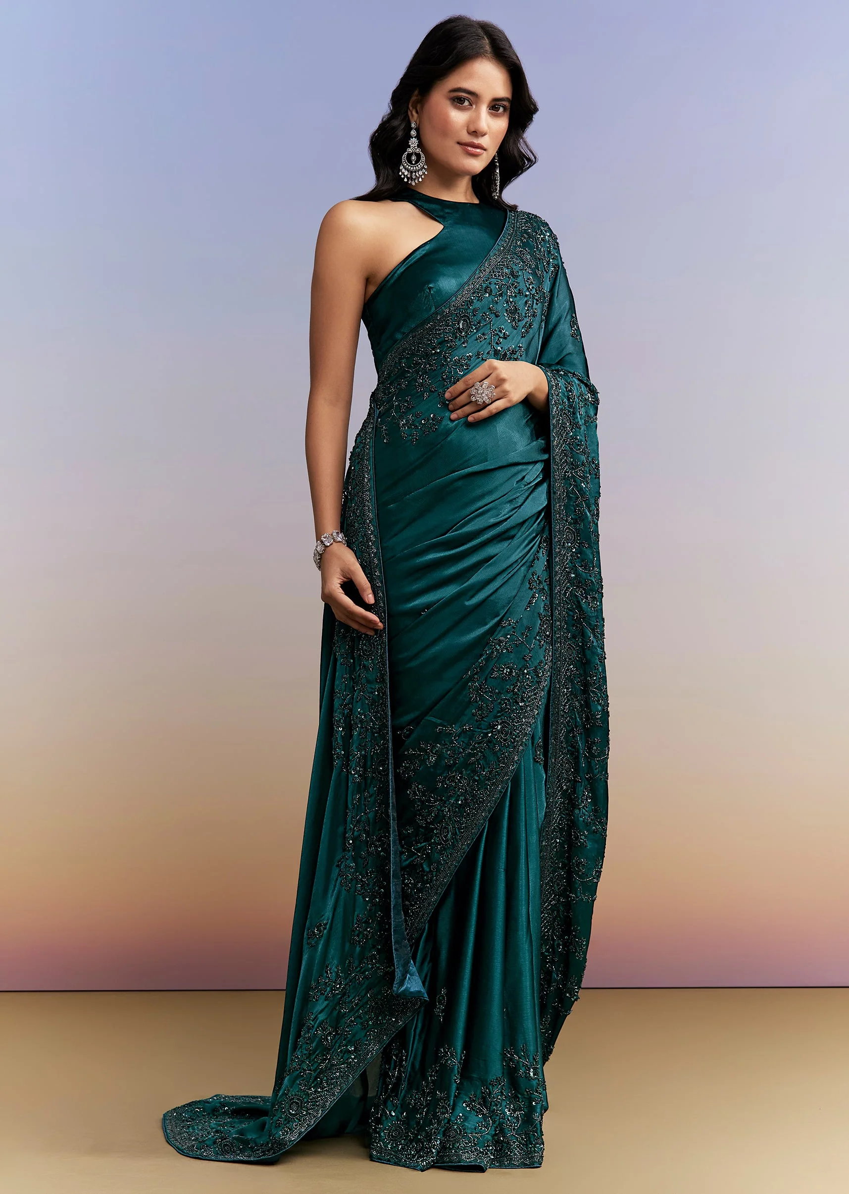 Evening Glamour Couple Set – Teal Blue Satin Chinon Embroidered Saree for Her And Black Velvet Jodhpuri for Him - Image 4