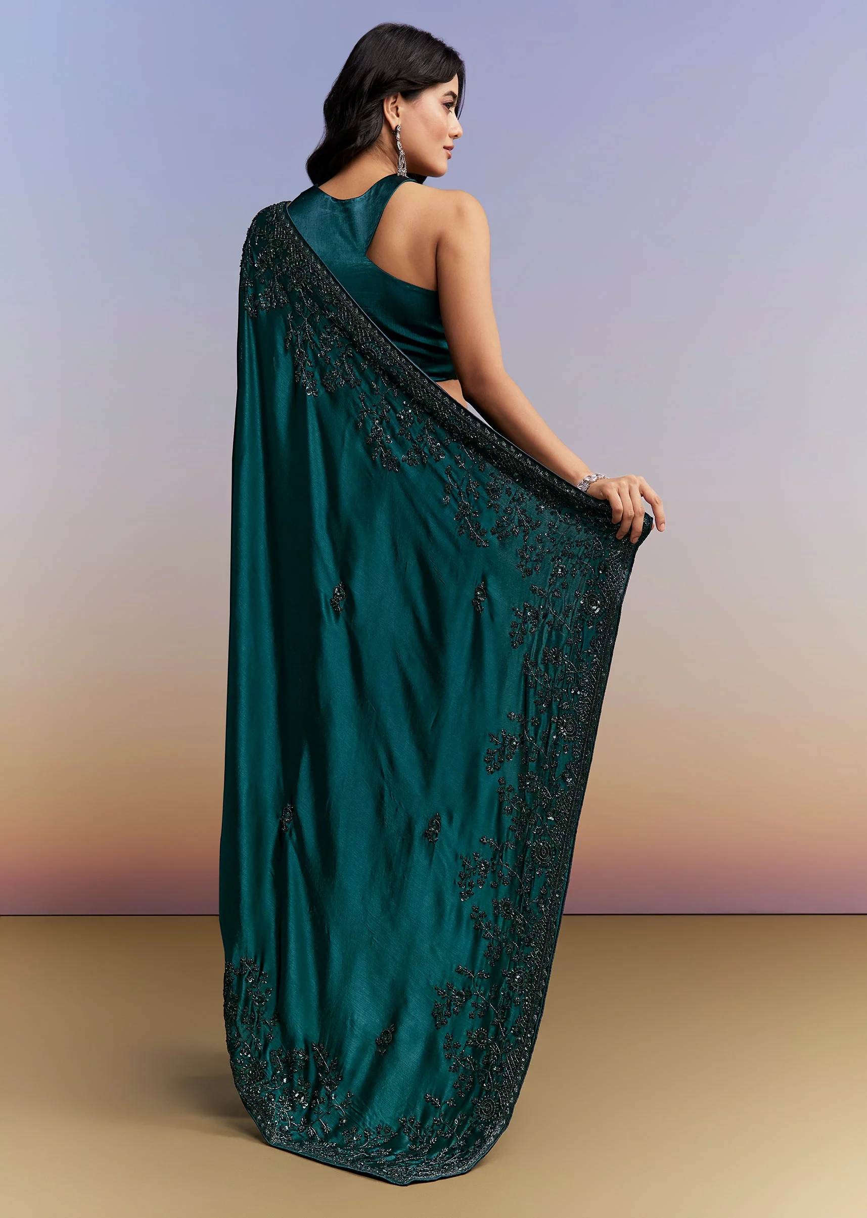 Evening Glamour Couple Set – Teal Blue Satin Chinon Embroidered Saree for Her And Black Velvet Jodhpuri for Him - Image 5