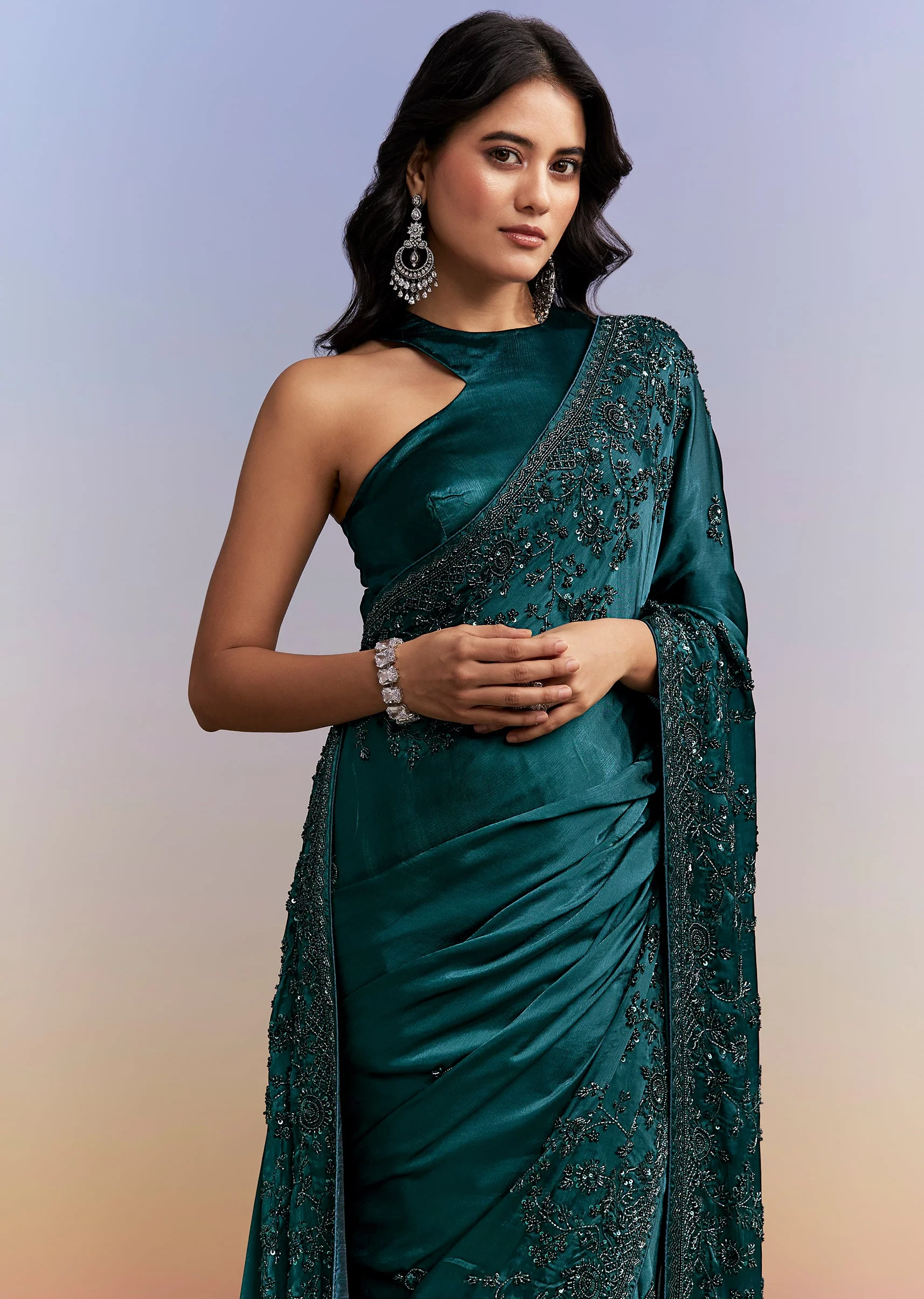 Evening Glamour Couple Set – Teal Blue Satin Chinon Embroidered Saree for Her And Black Velvet Jodhpuri for Him - Image 6