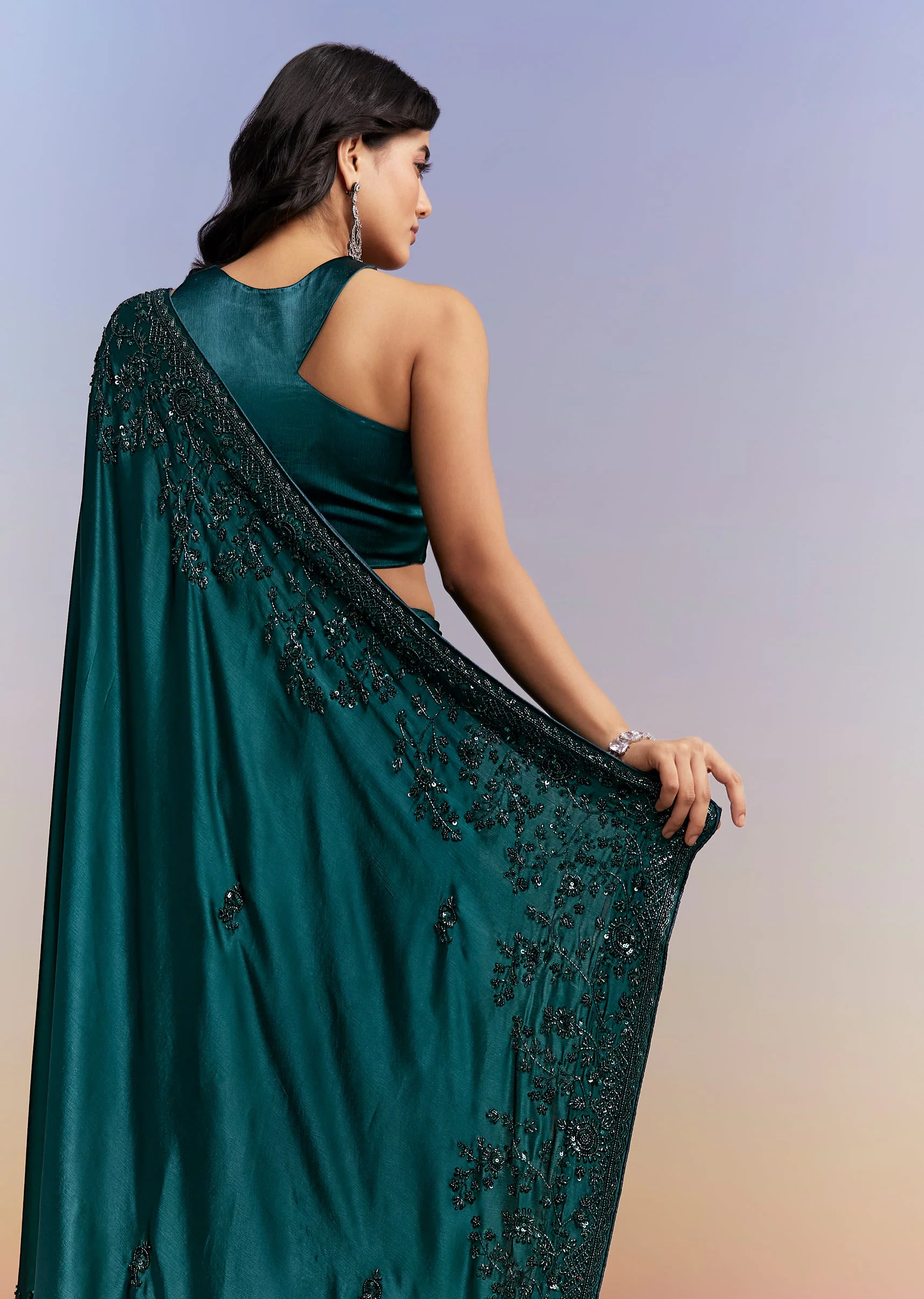 Evening Glamour Couple Set – Teal Blue Satin Chinon Embroidered Saree for Her And Black Velvet Jodhpuri for Him - Image 7