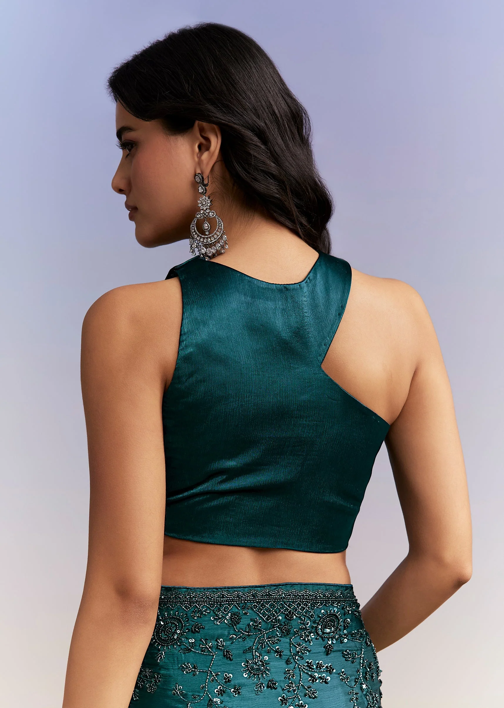 Evening Glamour Couple Set – Teal Blue Satin Chinon Embroidered Saree for Her And Black Velvet Jodhpuri for Him - Image 9