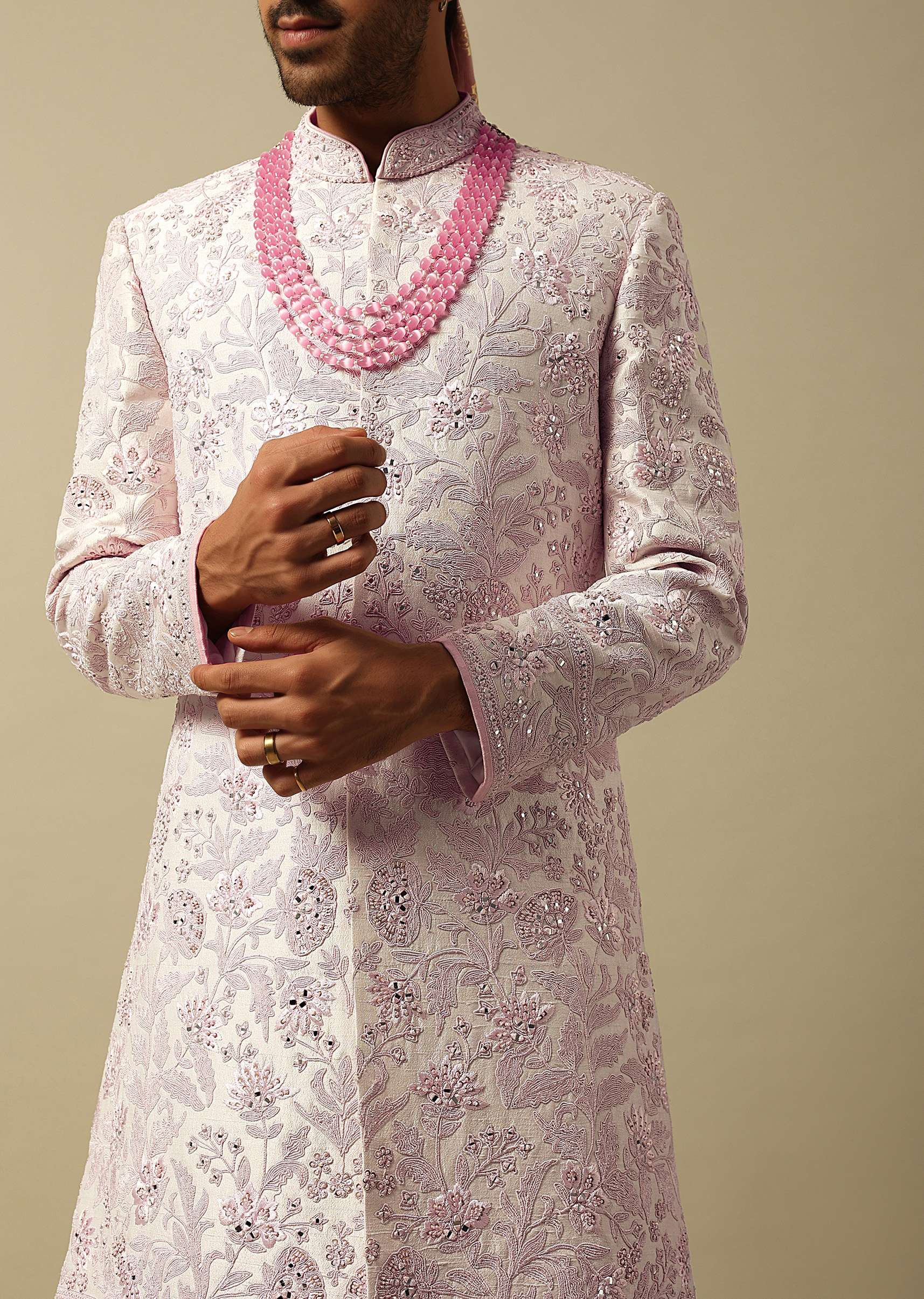 Exquisite Pink Raw Silk Sherwani - Image 2