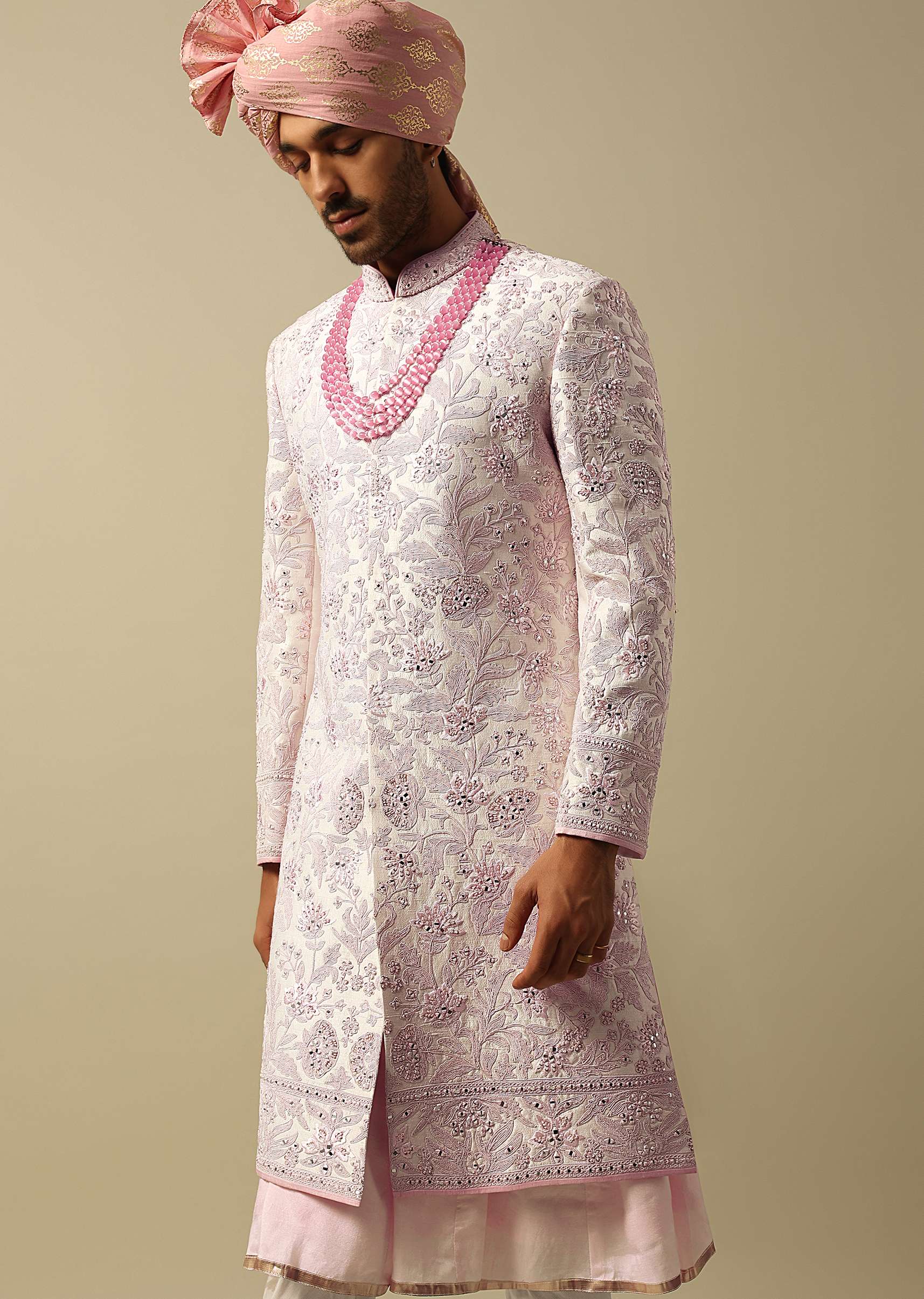Exquisite Pink Raw Silk Sherwani - Image 4