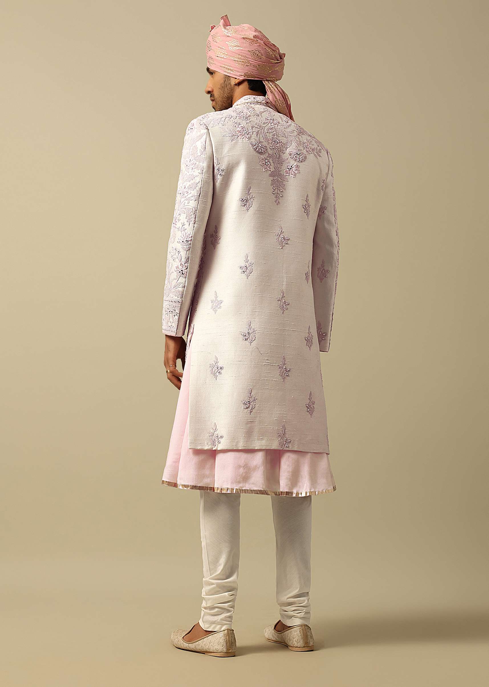 Exquisite Pink Raw Silk Sherwani - Image 5