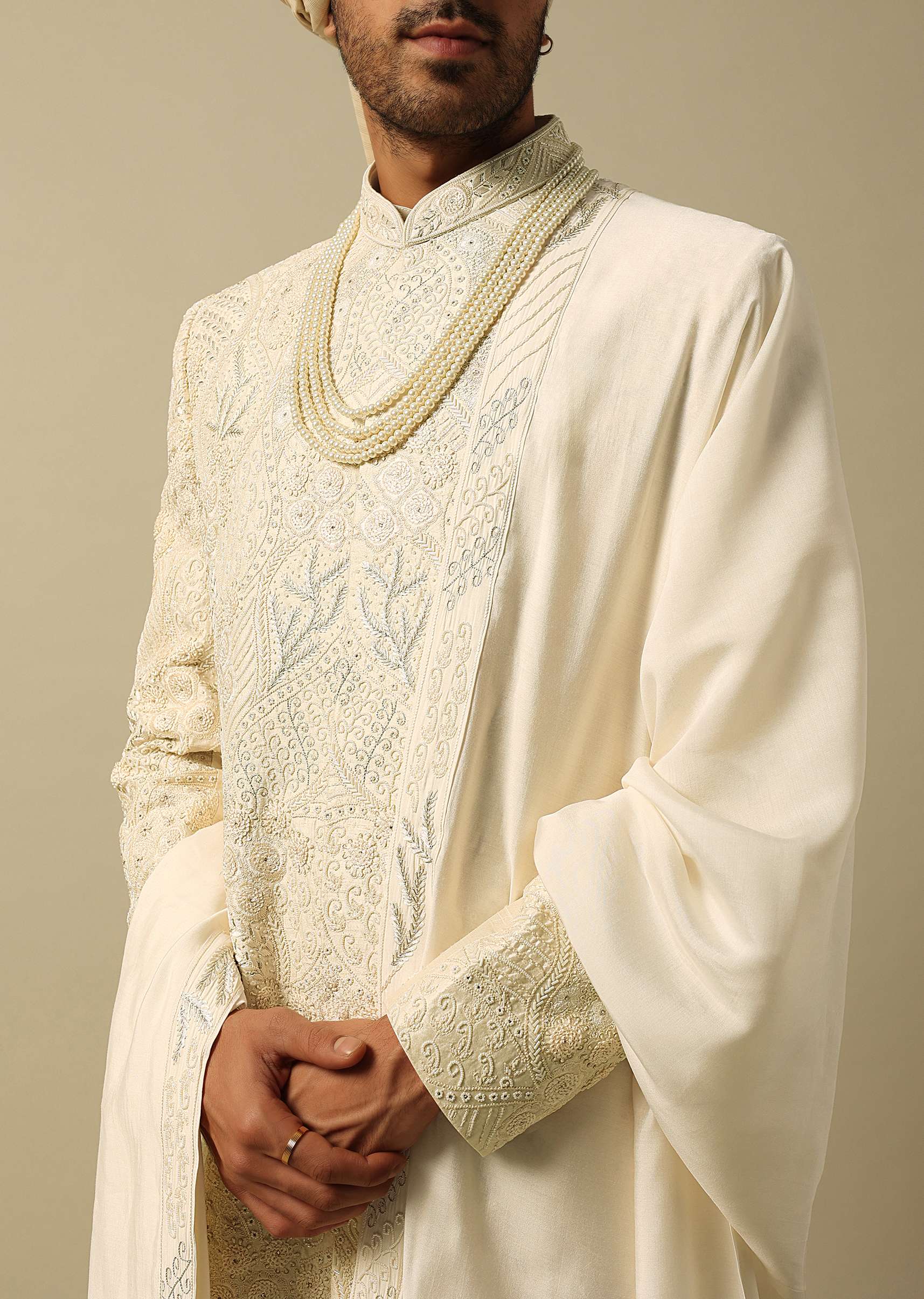 Exquisite White Raw Silk Sherwani Set - Image 2