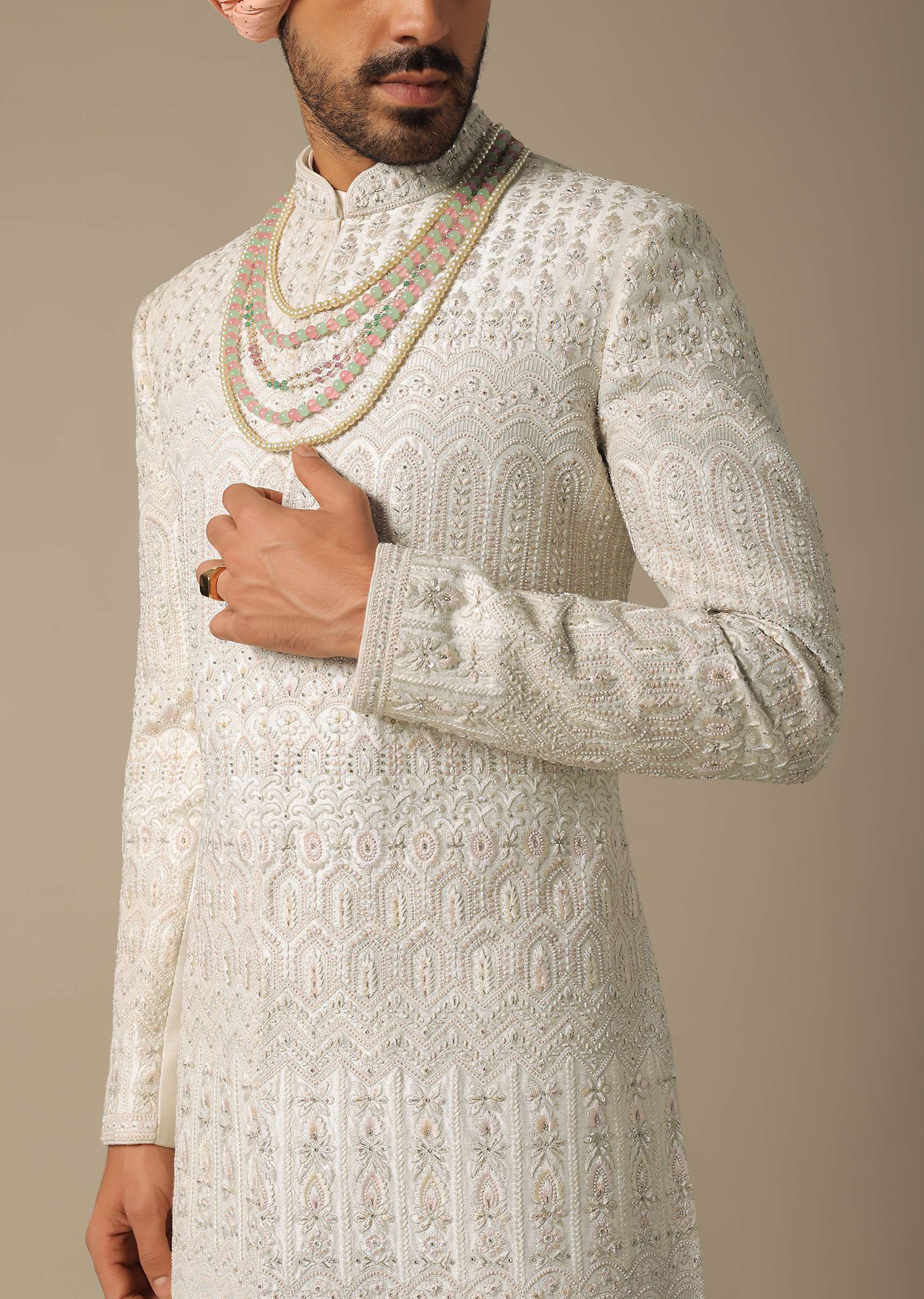 Exquisite White Silk Sherwani Set - Image 2