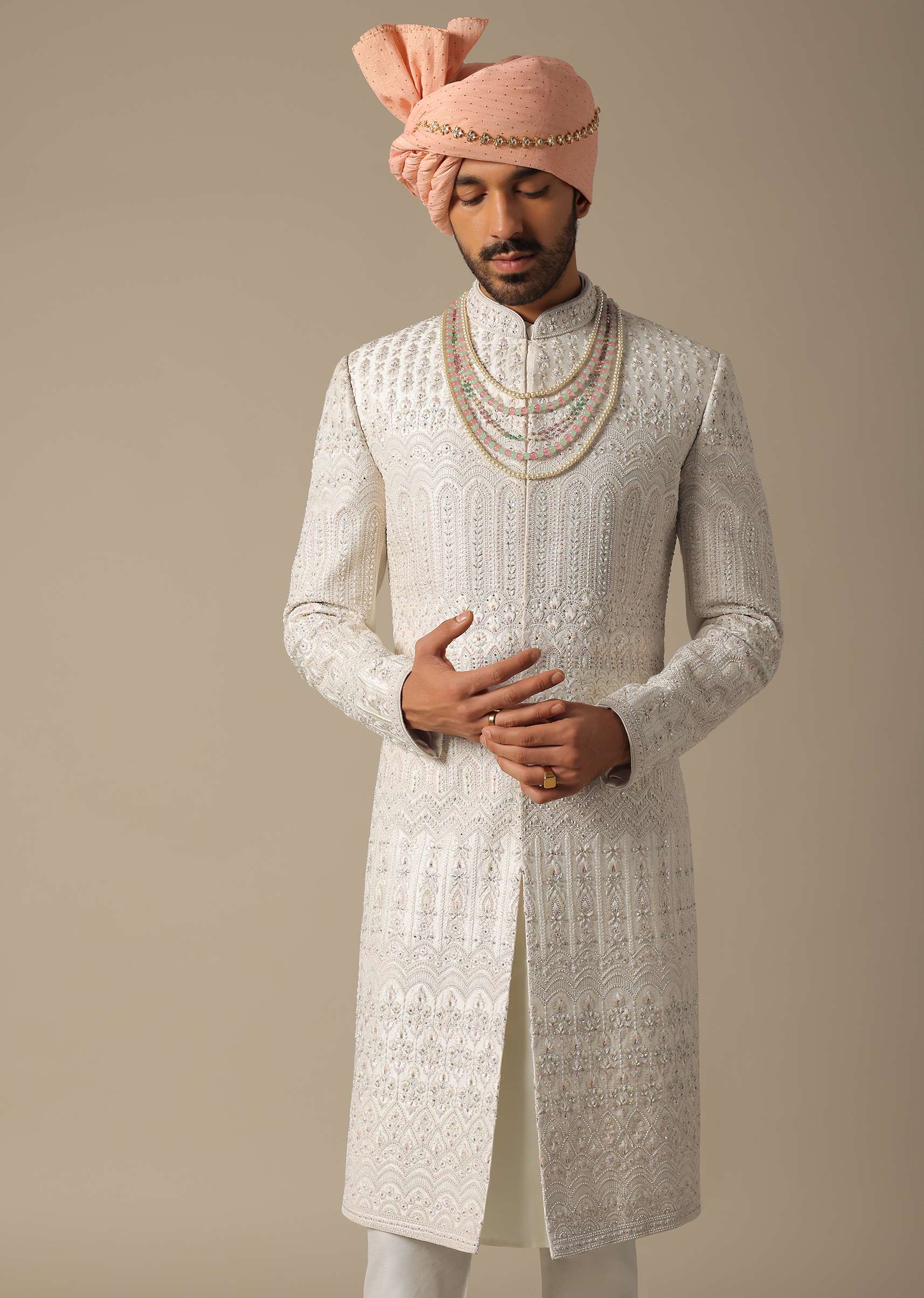Exquisite White Silk Sherwani Set - Image 3