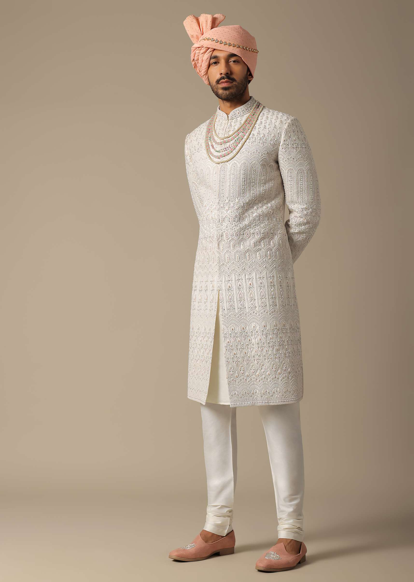 Exquisite White Silk Sherwani Set - Image 4