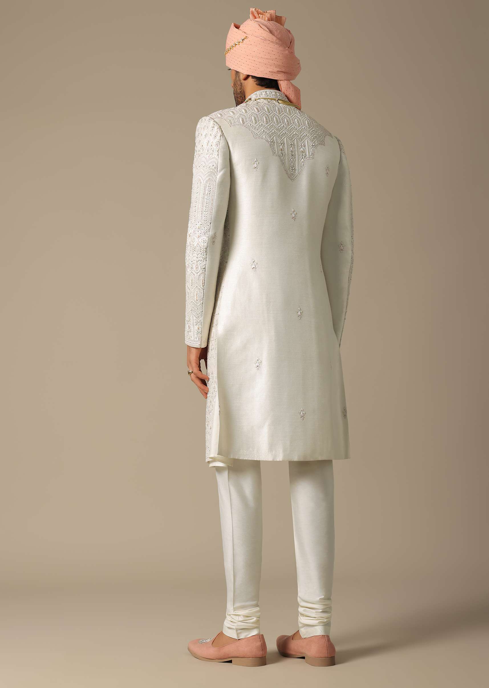 Exquisite White Silk Sherwani Set - Image 5