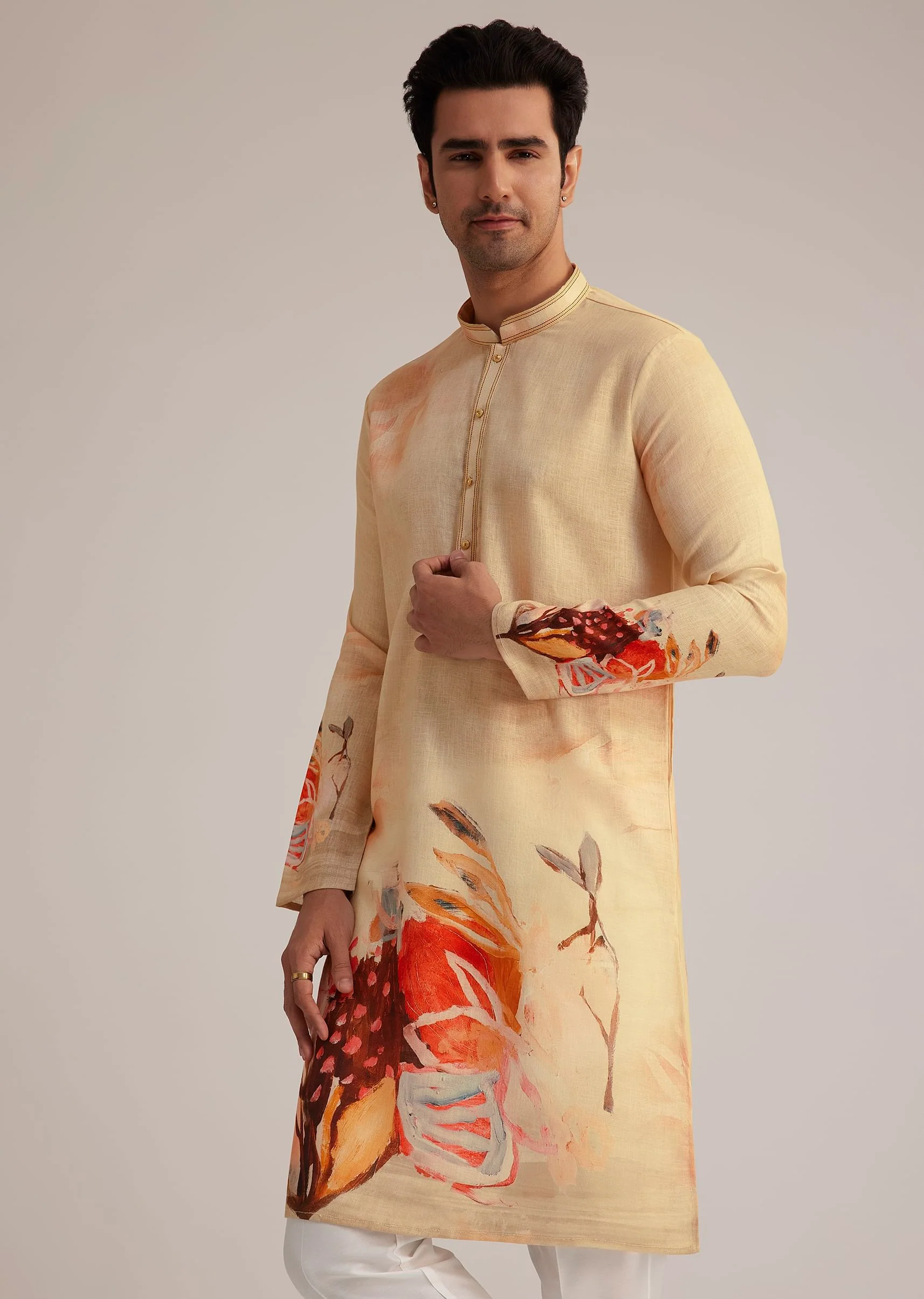Fawn Linen Kurta Set With Butterfly Inspired Abstract Print - Image 2