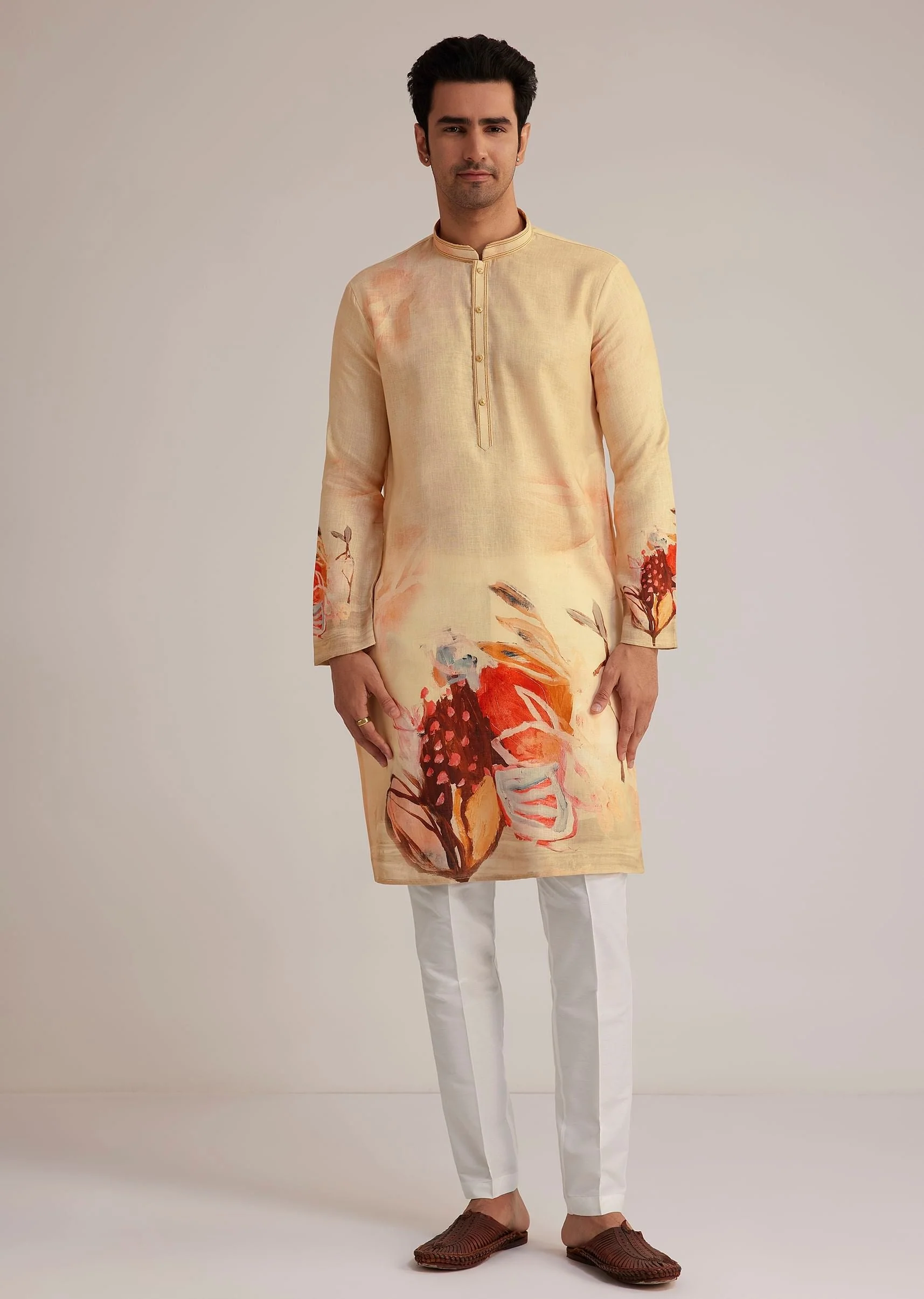 Fawn Linen Kurta Set With Butterfly Inspired Abstract Print - Image 3