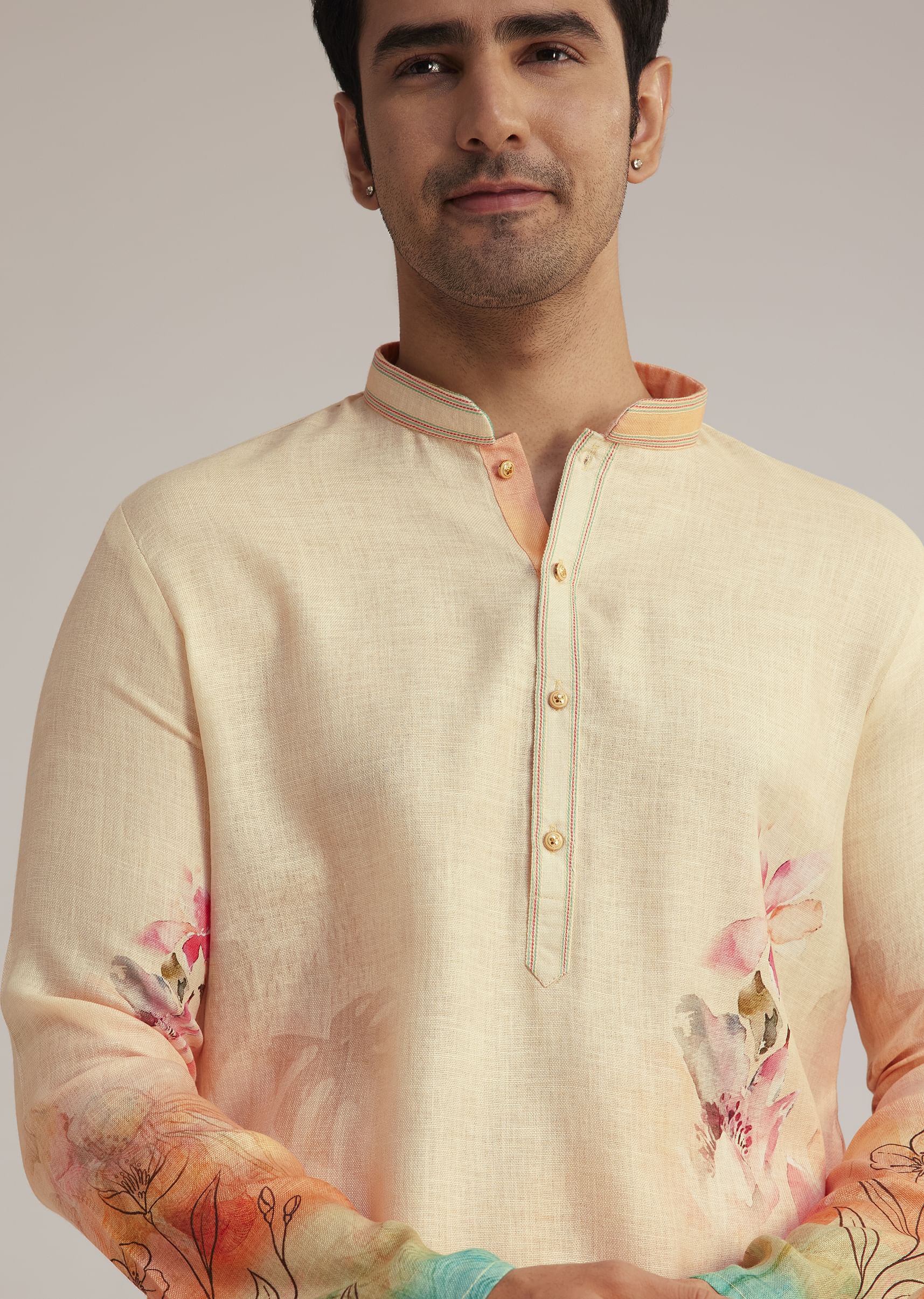 Fawn Linen Ombre Kurta Set With Floral Print - Image 4