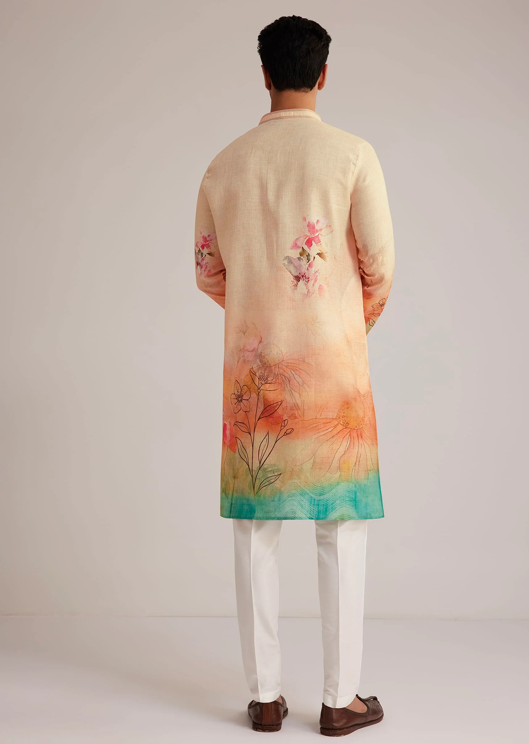Fawn Linen Ombre Kurta Set With Floral Print - Image 5