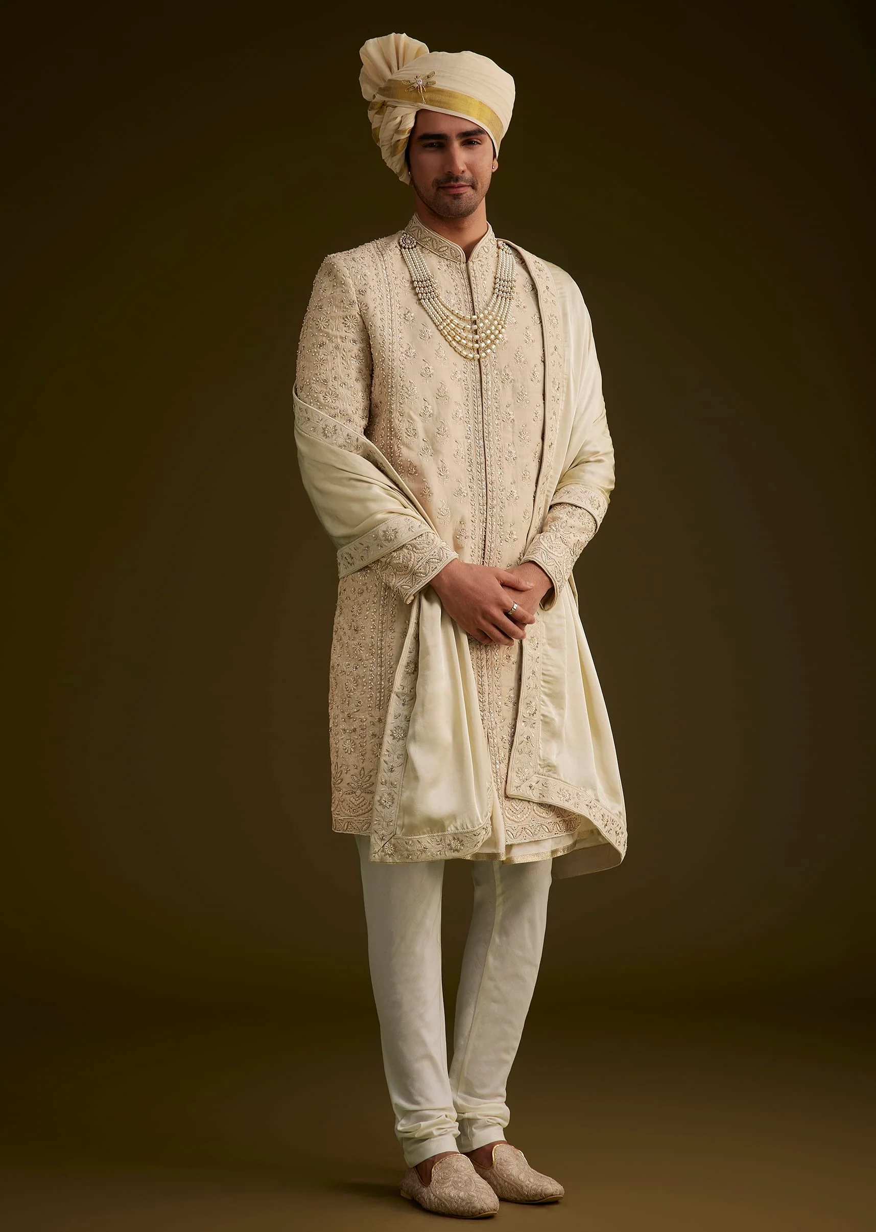 Fawn Raw Silk Sherwani Set With Zardosi Embroidery - Image 2