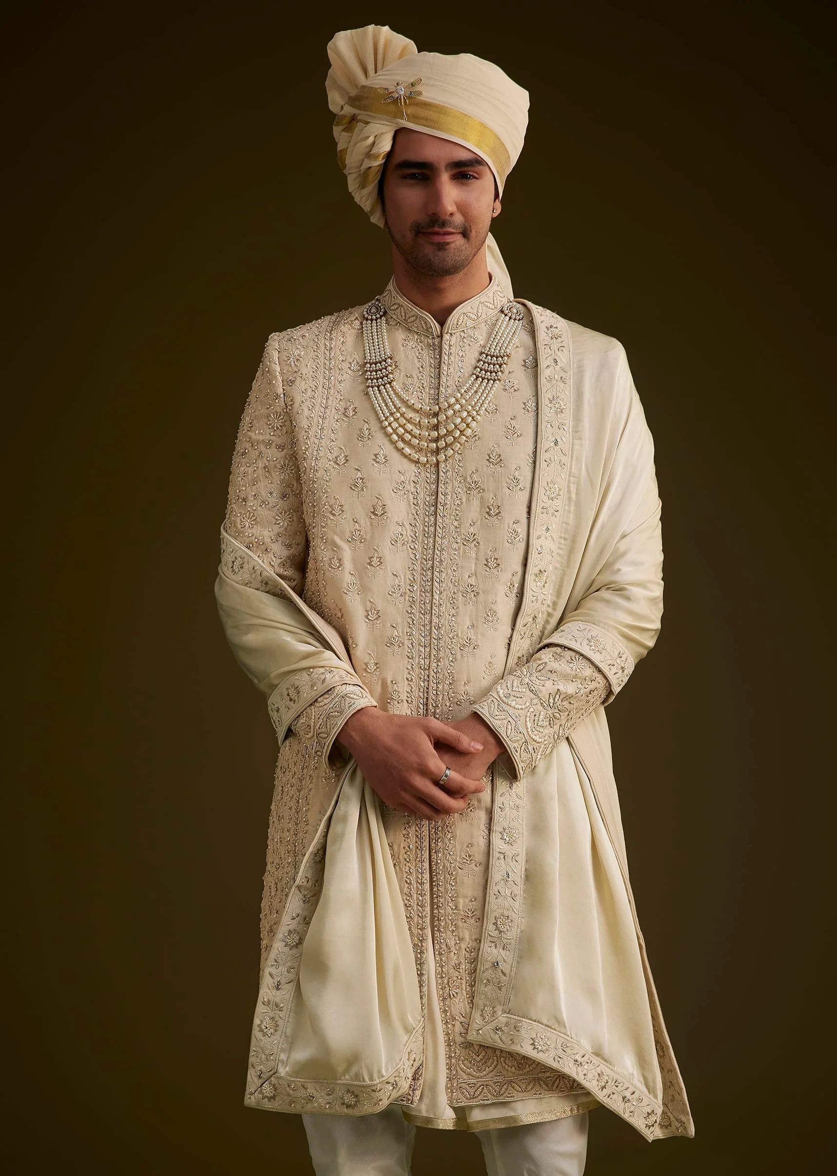 Fawn Raw Silk Sherwani Set With Zardosi Embroidery - Image 4