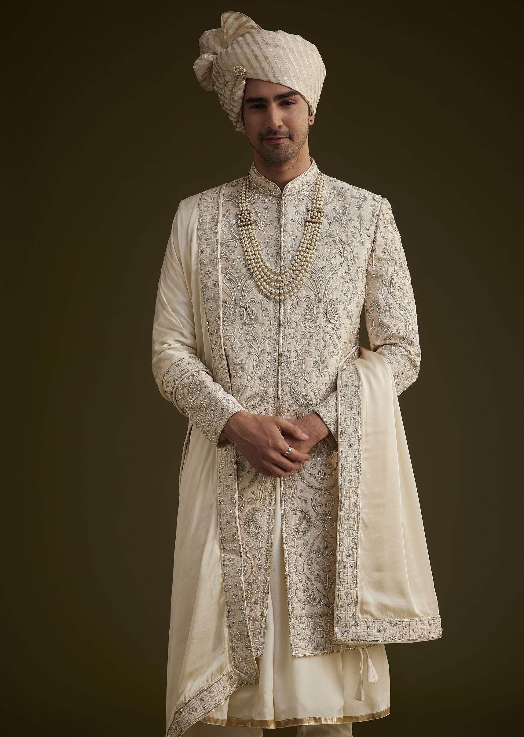 Fawn Silk Sherwani Set With Zardosi Detailing - Image 2