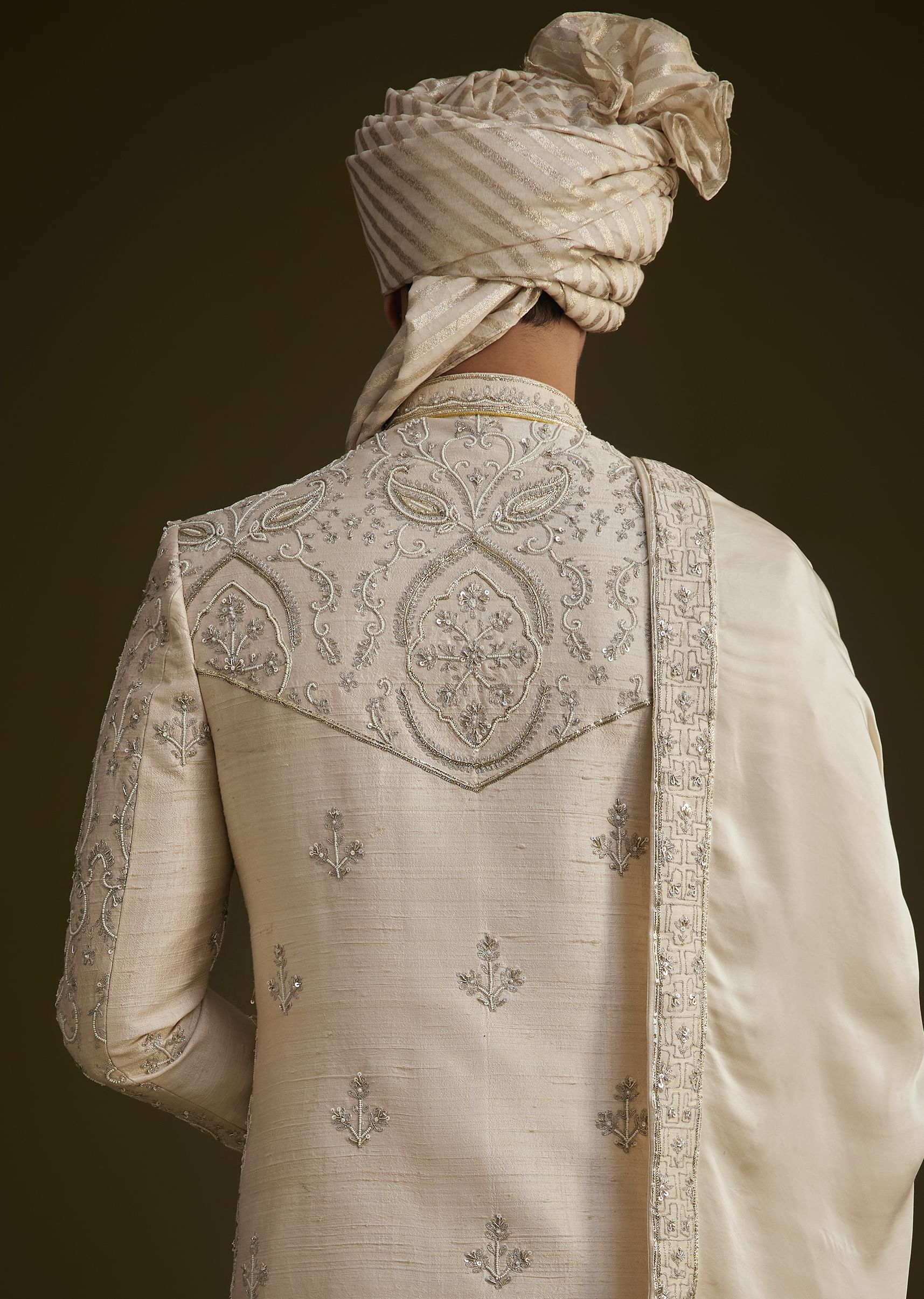 Fawn Silk Sherwani Set With Zardosi Detailing - Image 3