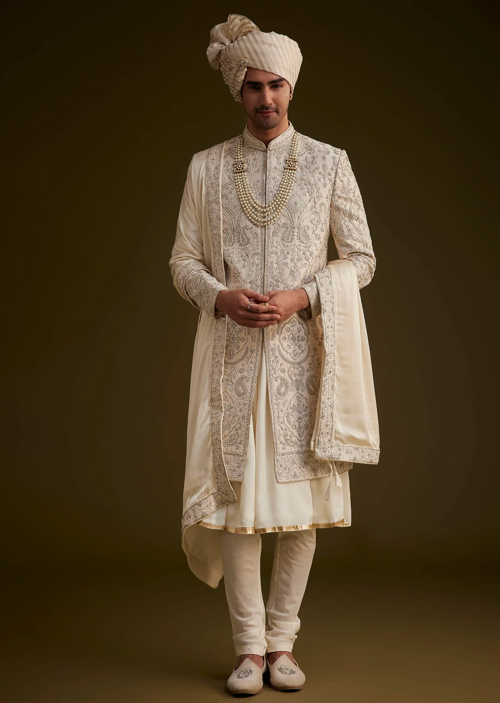 Fawn Silk Sherwani Set With Zardosi Detailing - Image 4