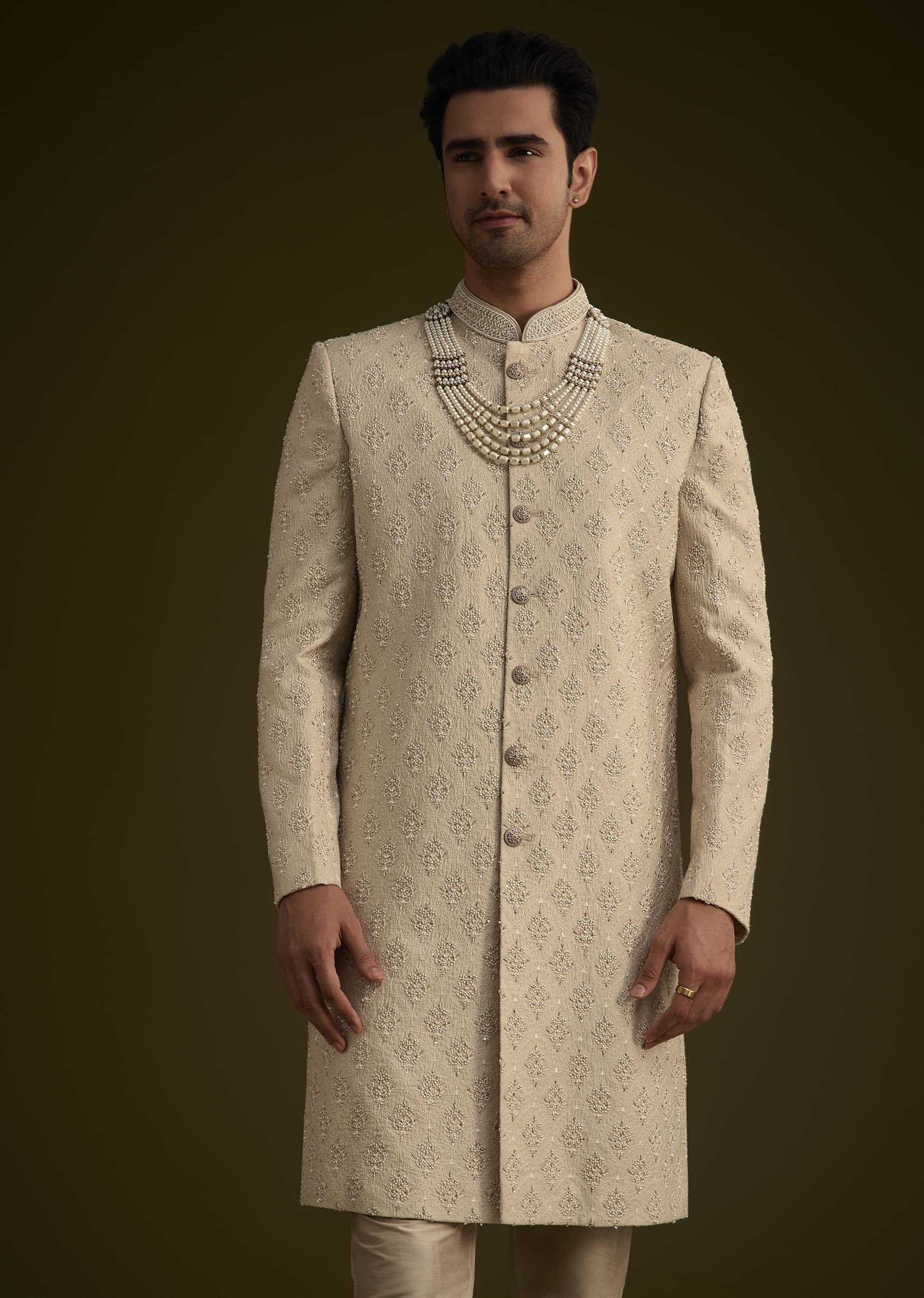 Fawn Silk Sherwani Set With Zardosi Embroidery - Image 3