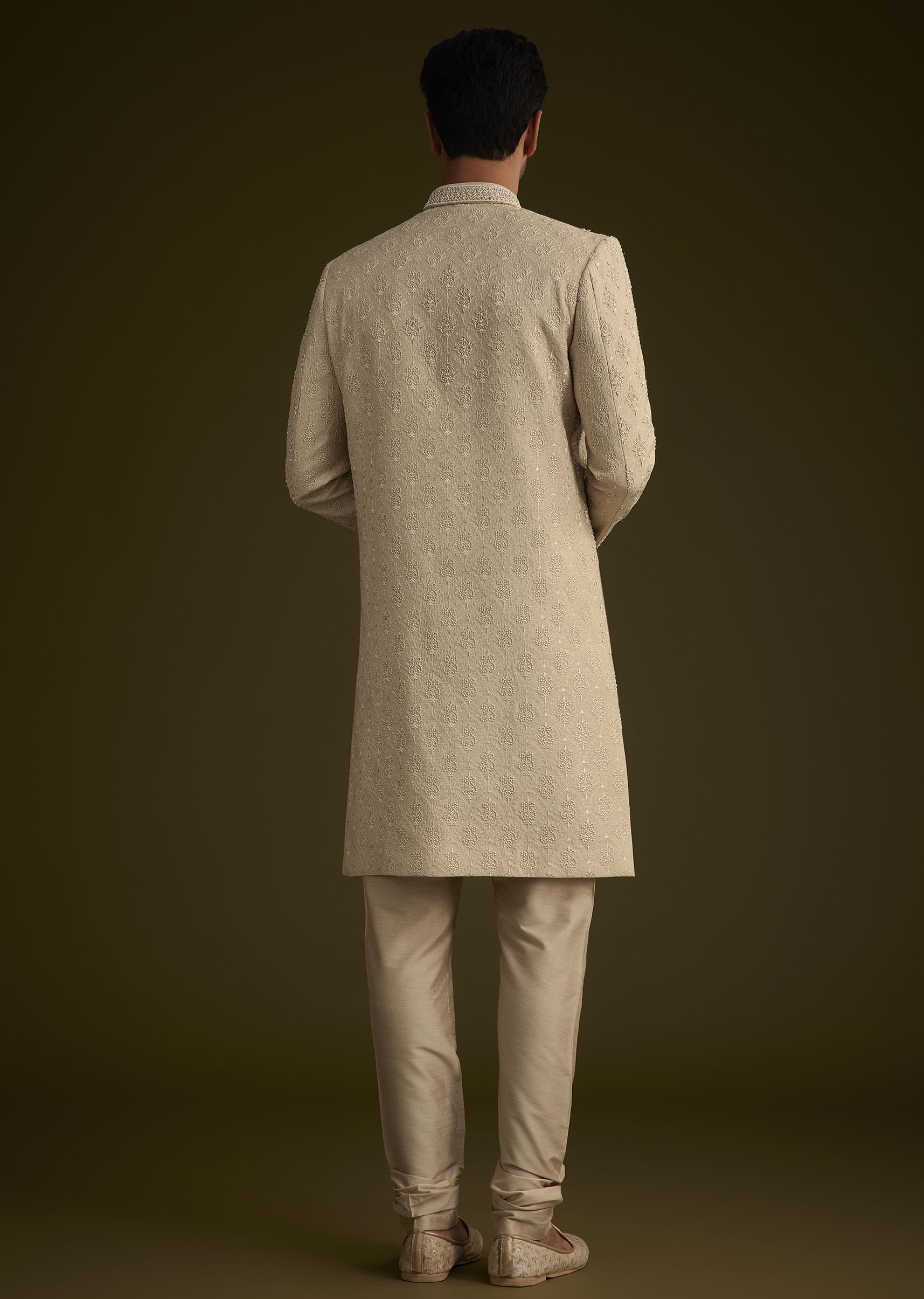 Fawn Silk Sherwani Set With Zardosi Embroidery - Image 4