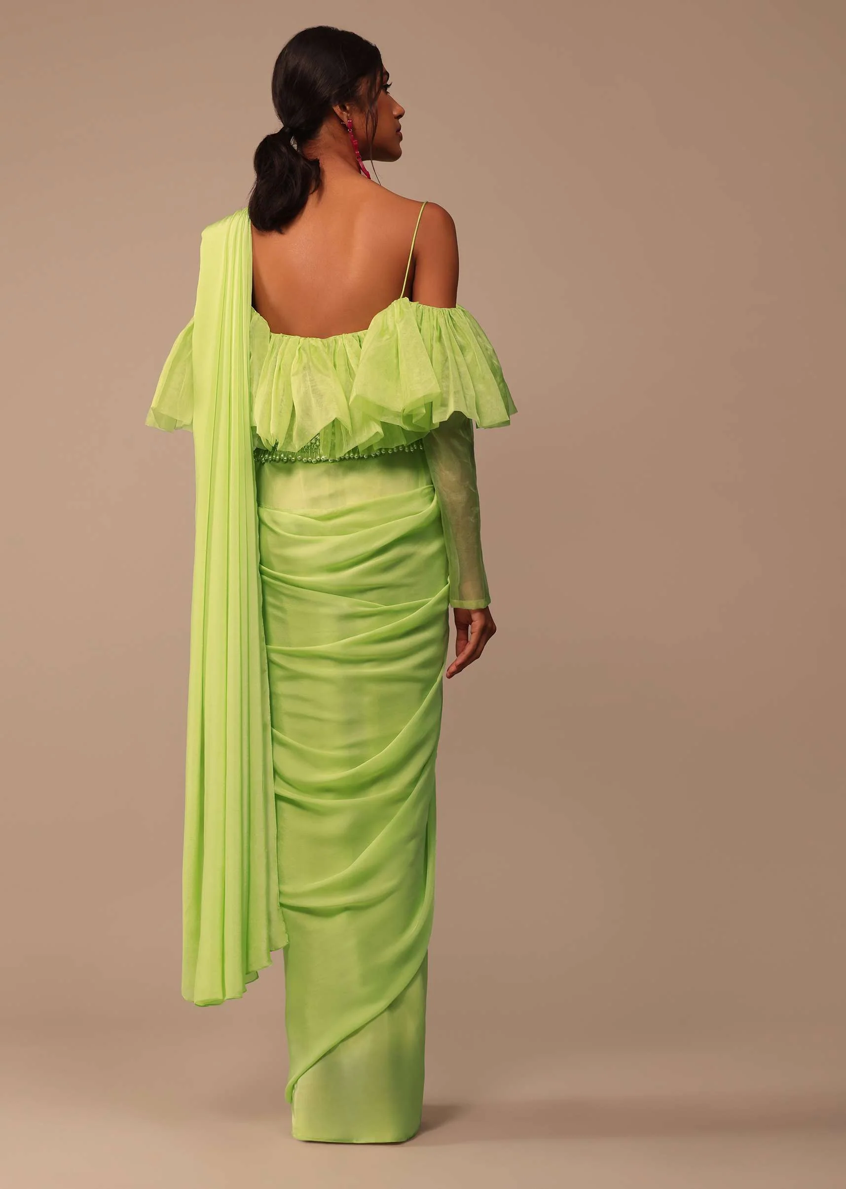 Fern Green Crepe Saree With Organza Frilled Blouse - Image 4