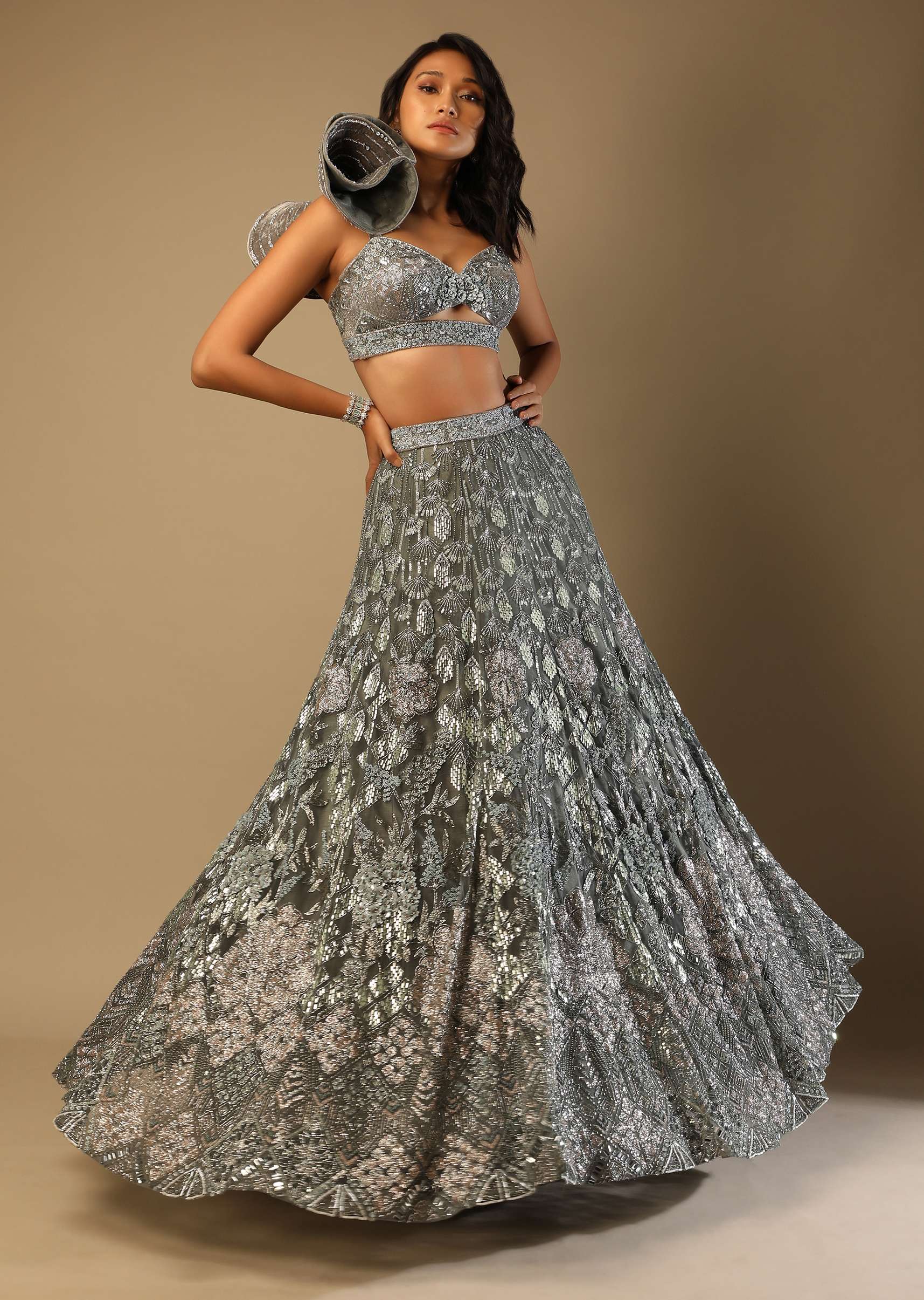 Fern Green Lehenga Choli In Net With Stone Hand Embroidered Floral Motifs And Fancy Origami Cones On The Shoulder - Image 2
