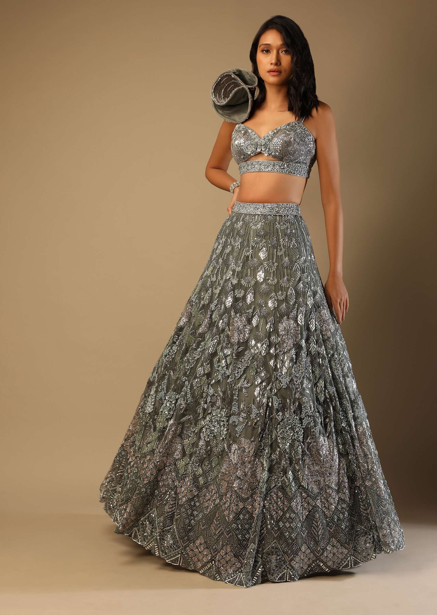 Fern Green Lehenga Choli In Net With Stone Hand Embroidered Floral Motifs And Fancy Origami Cones On The Shoulder - Image 5