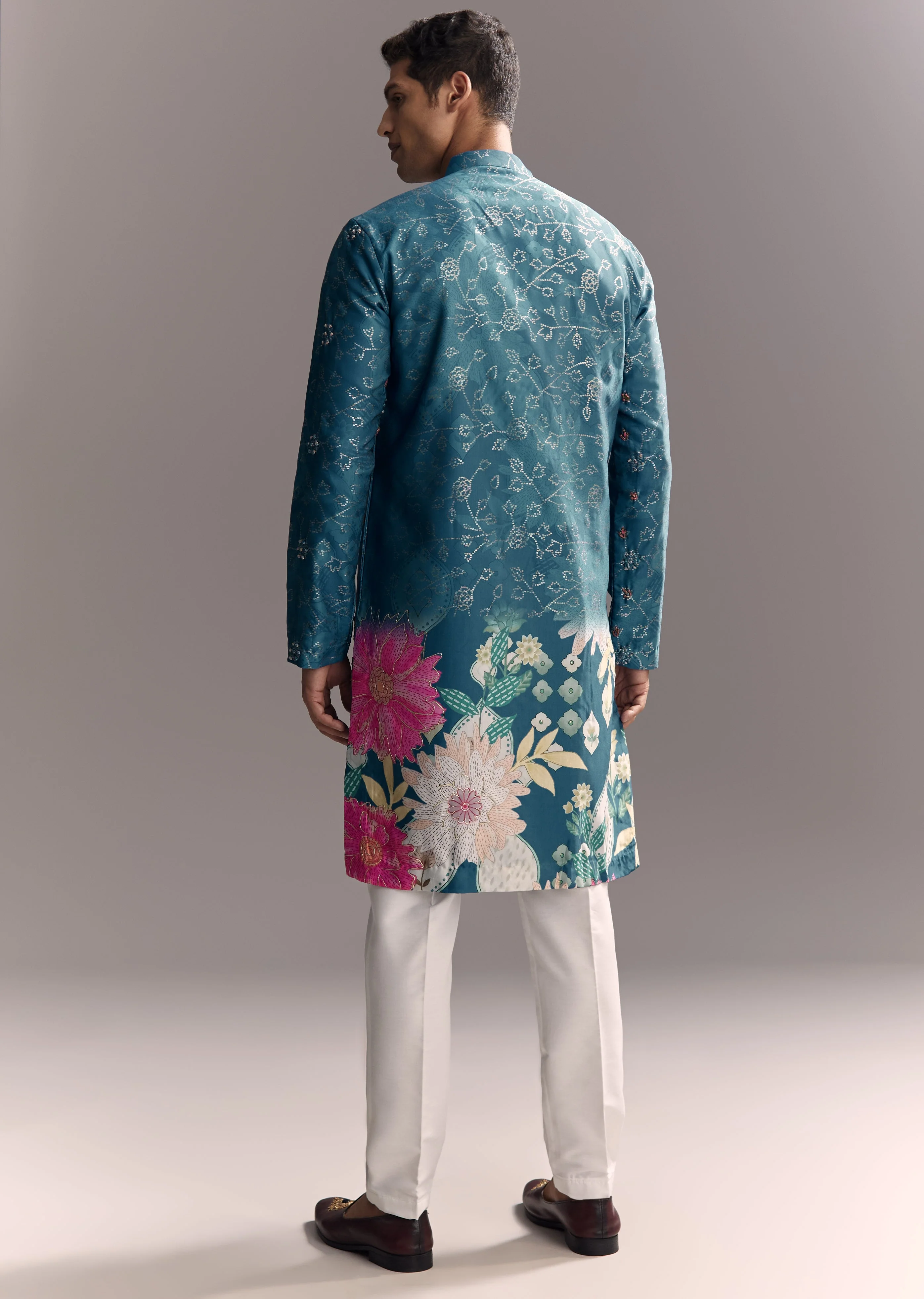 Festive Couple Set – Pink Embellished Cape Palazzo Set for Her And Blue Silk Kurta Set with Resham Embroidery for Him - Image 10