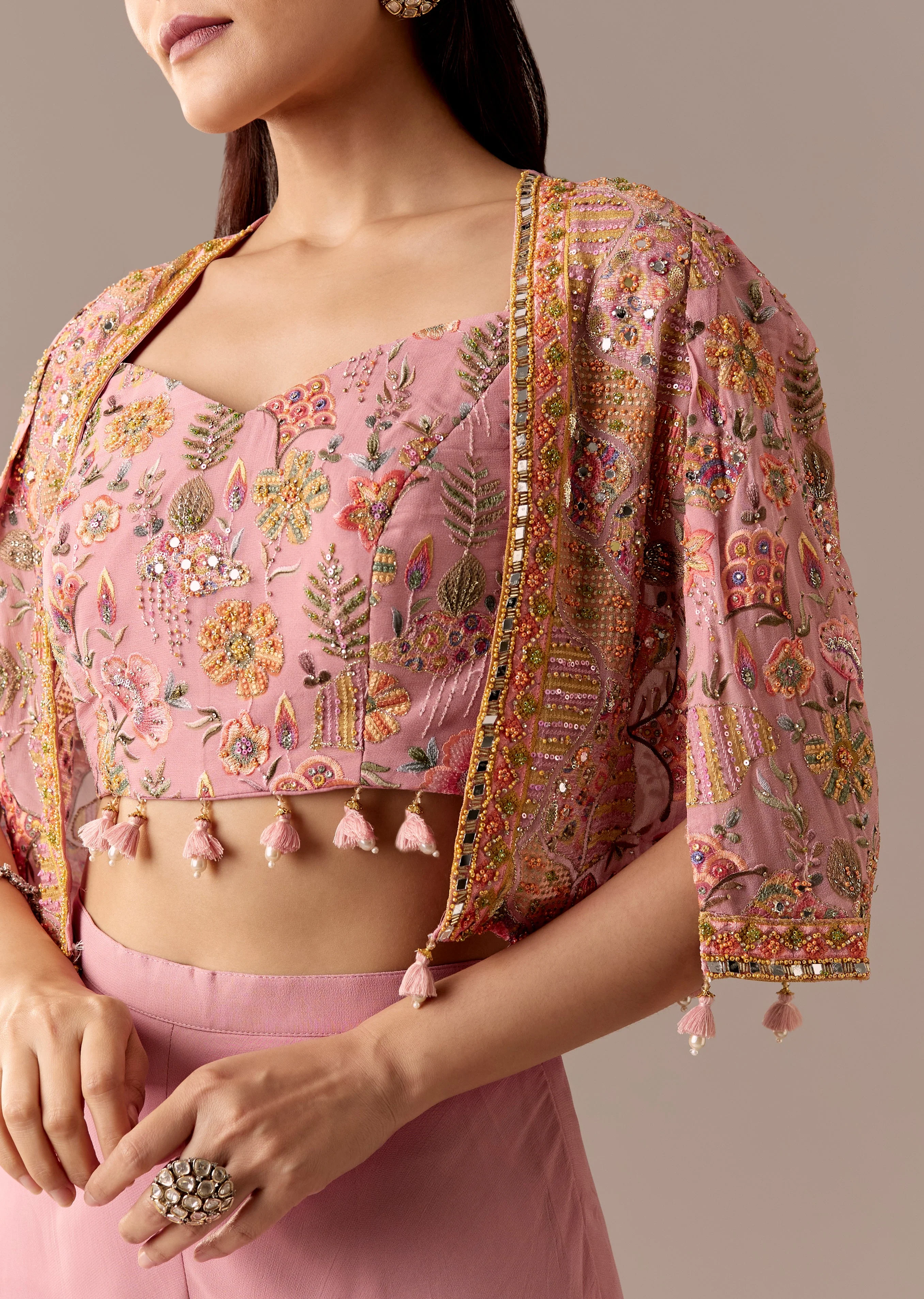 Festive Couple Set – Pink Embellished Cape Palazzo Set for Her And Blue Silk Kurta Set with Resham Embroidery for Him - Image 2