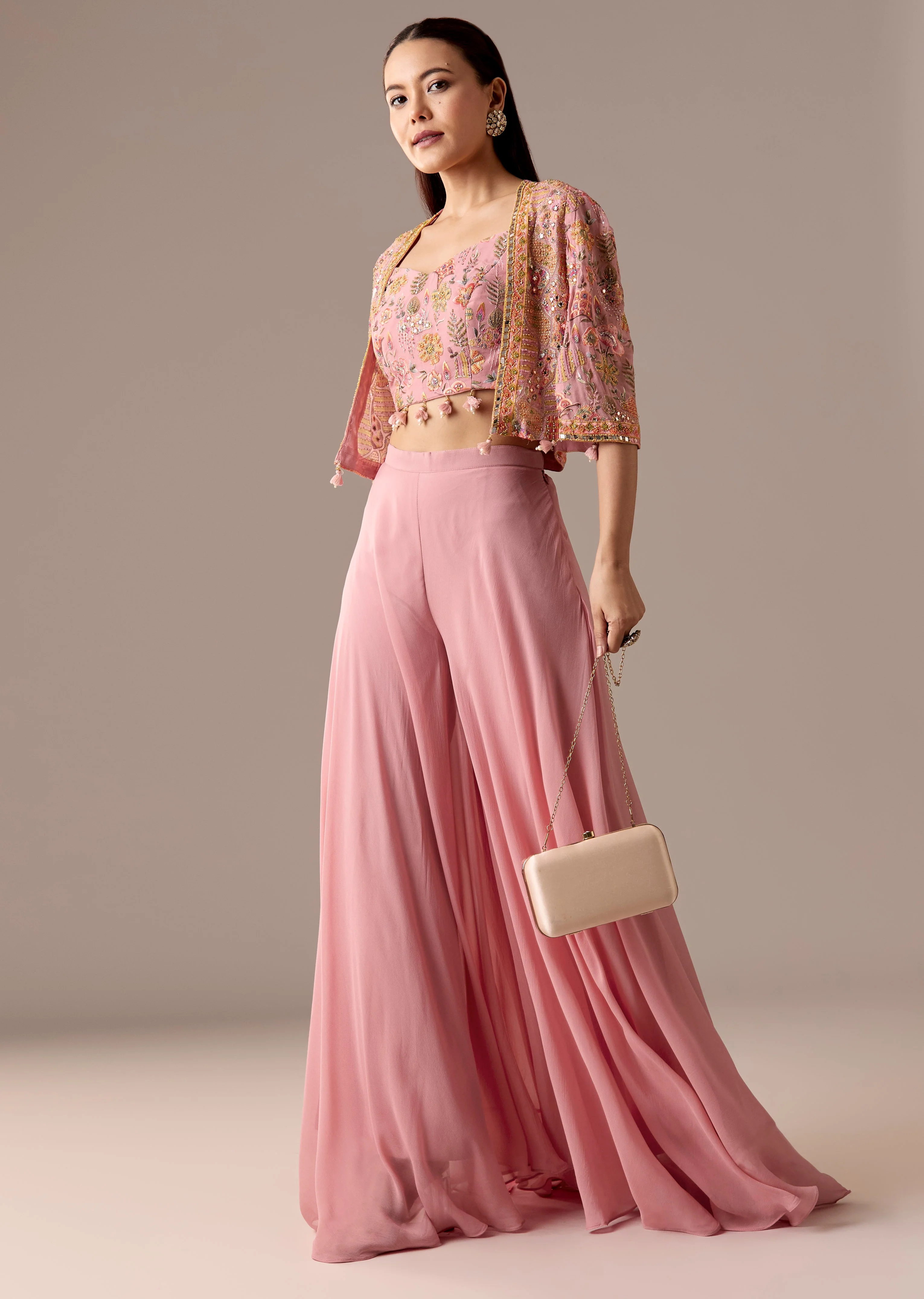 Festive Couple Set – Pink Embellished Cape Palazzo Set for Her And Blue Silk Kurta Set with Resham Embroidery for Him - Image 3