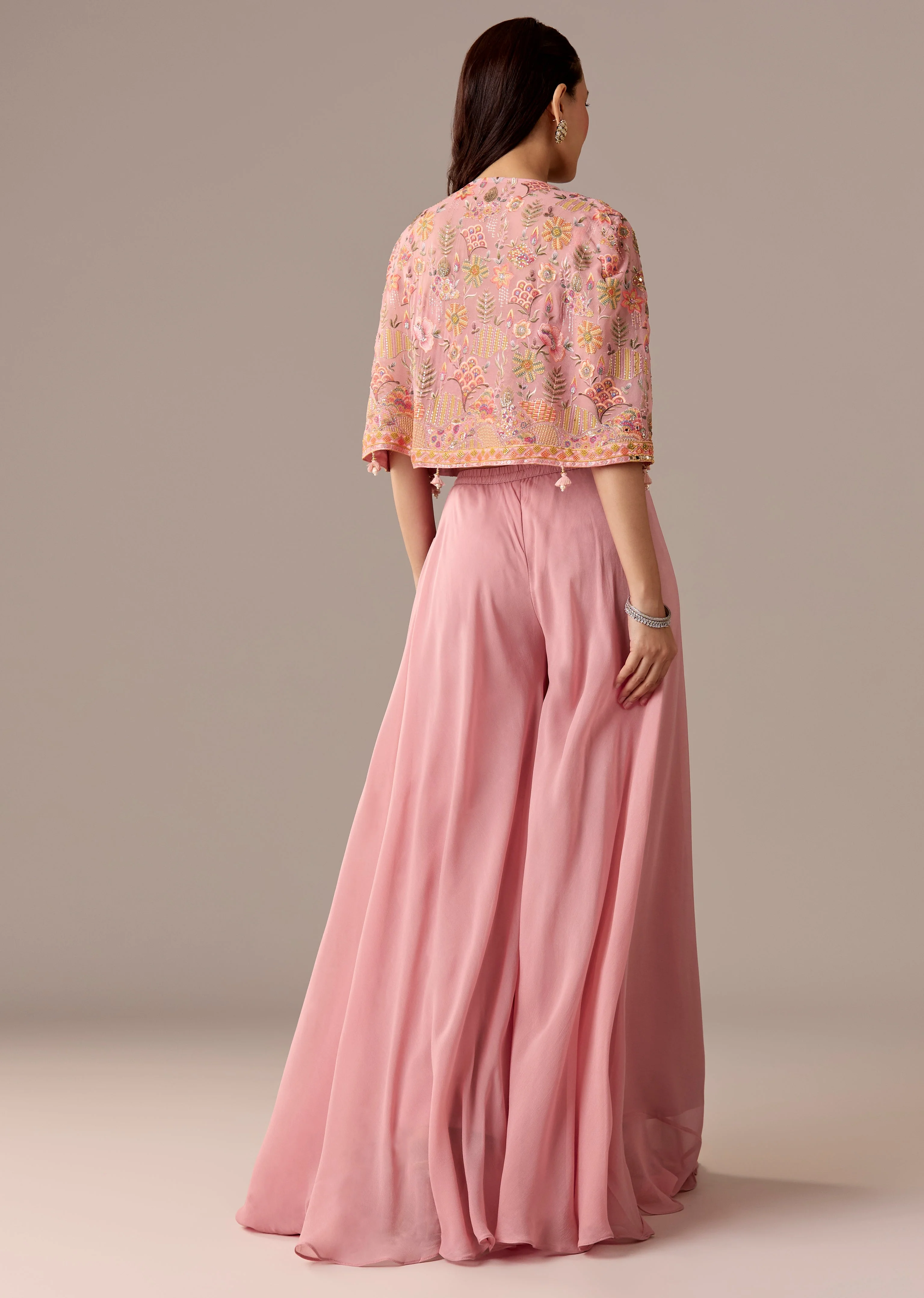 Festive Couple Set – Pink Embellished Cape Palazzo Set for Her And Blue Silk Kurta Set with Resham Embroidery for Him - Image 6