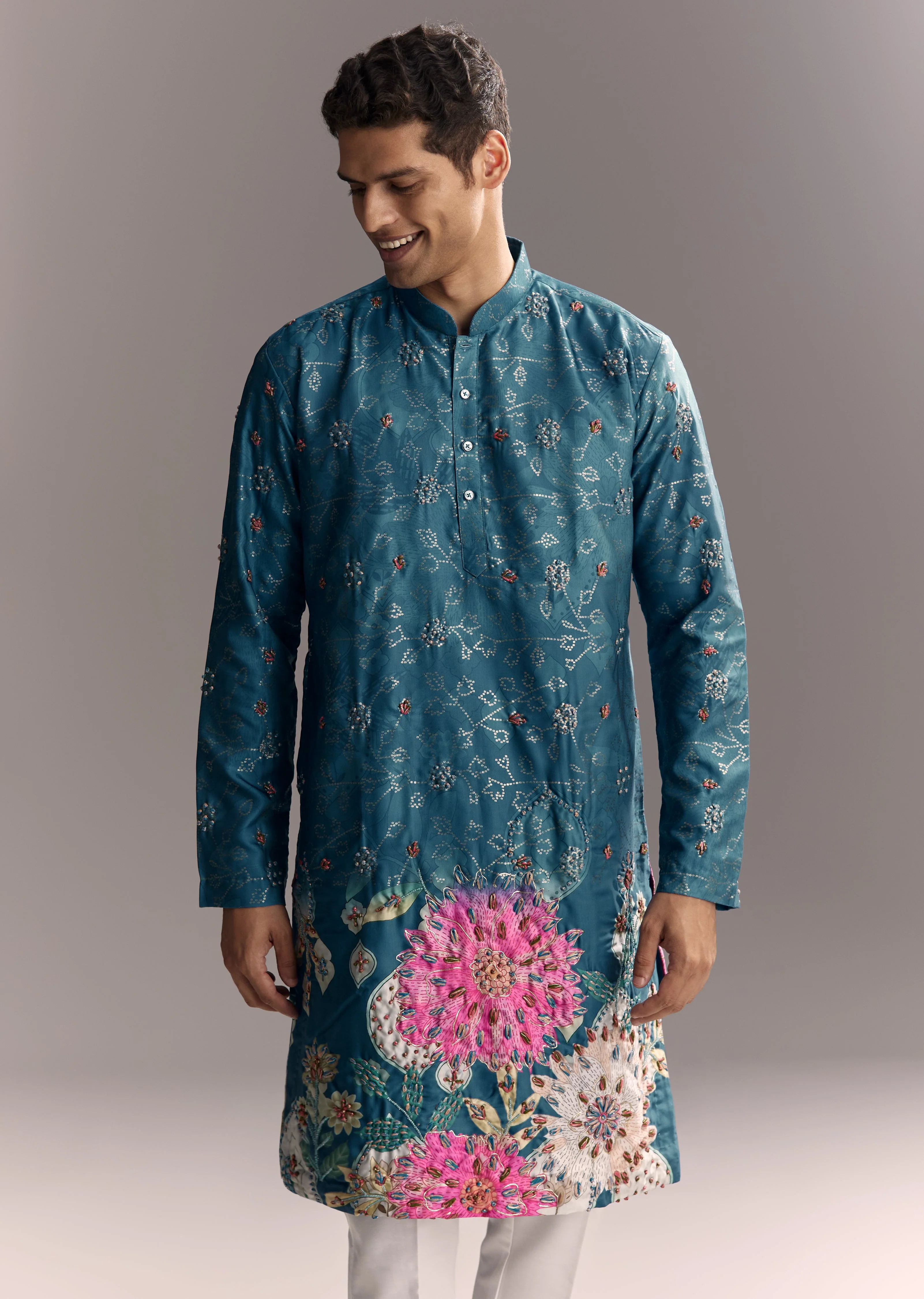 Festive Couple Set – Pink Embellished Cape Palazzo Set for Her And Blue Silk Kurta Set with Resham Embroidery for Him - Image 7
