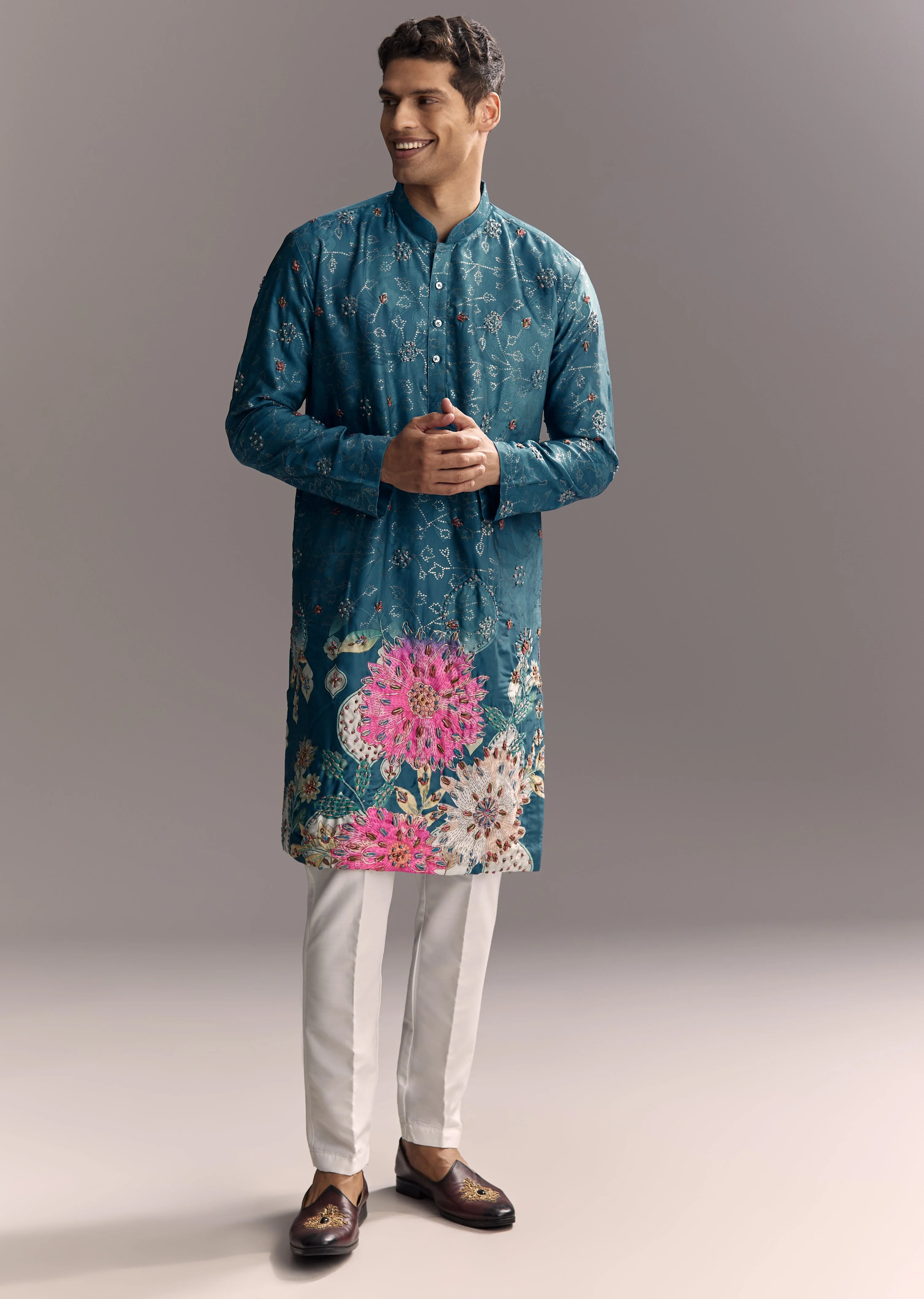 Festive Couple Set – Pink Embellished Cape Palazzo Set for Her And Blue Silk Kurta Set with Resham Embroidery for Him - Image 8