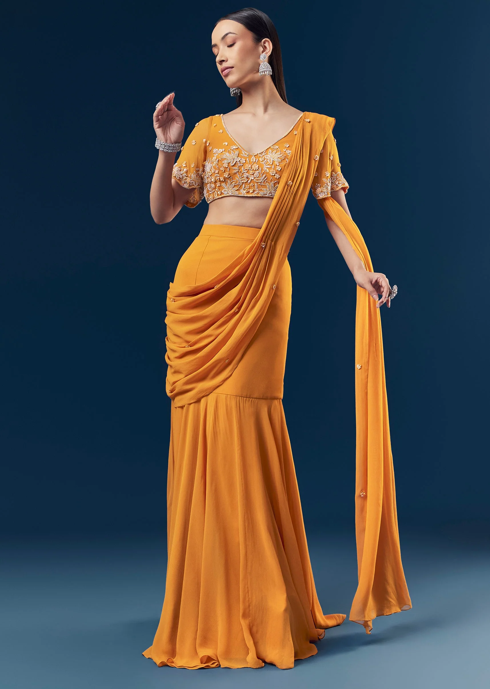 Festive Orange Duo – Indo Western Saree For Her And Kurta Set For Him - Image 3