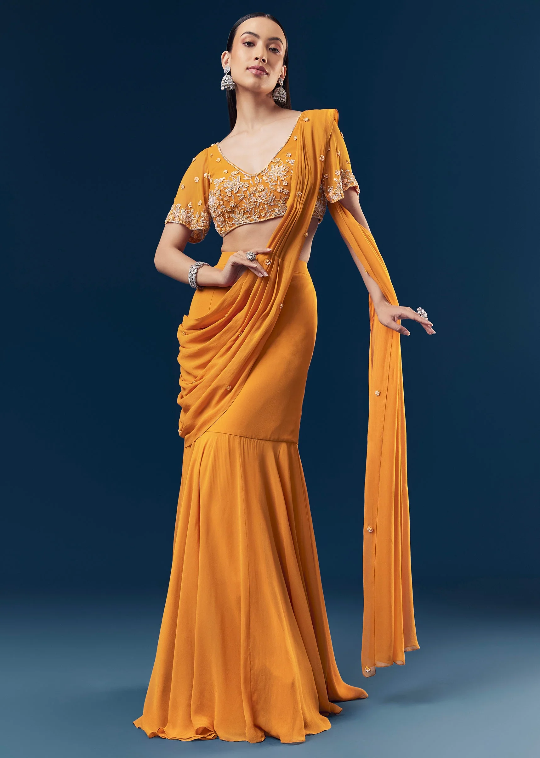 Festive Orange Duo – Indo Western Saree For Her And Kurta Set For Him - Image 5