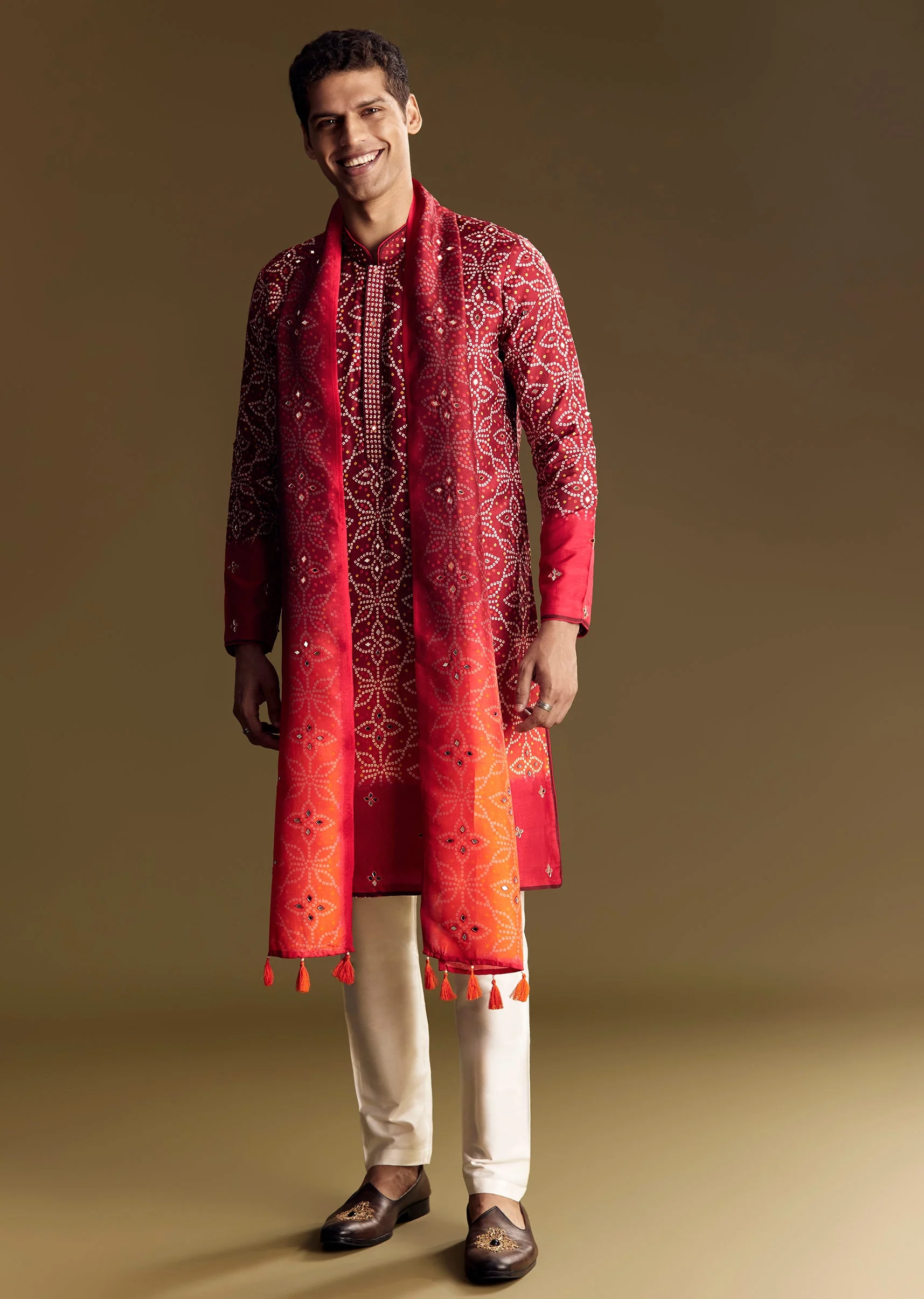 Fiery Festive Couple Set – Orange And Red Chinon Saree With Sequin And Bead Embroidery For Her And Red Ombre Kurta Set With Mirror Work For Him - Image 11