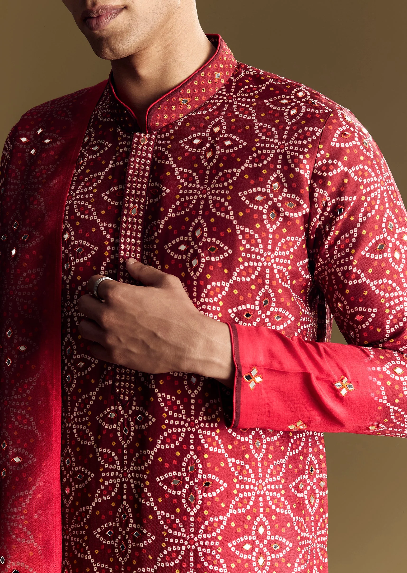 Fiery Festive Couple Set – Orange And Red Chinon Saree With Sequin And Bead Embroidery For Her And Red Ombre Kurta Set With Mirror Work For Him - Image 12